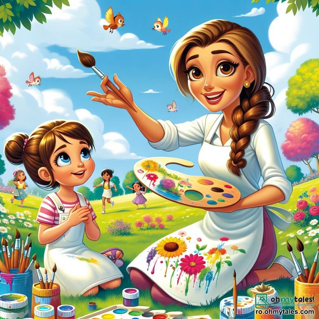 O artistă, Maria, se află în centrul imaginii, zâmbind cald, cu ochii strălucind de pasiune. Poartă o salopetă albă, pătată cu vopsea colorată, și ține o paletă mare într-o mână, în timp ce cu cealaltă ghidează o fetiță. Lângă ea, Ana, o fetiță de 8 ani cu părul brun și codițe, privește cu uimire pânza pe care o pictează. Este așezată pe iarbă, înconjurată de pensule și borcane cu vopsea, iar fața ei radiază de bucurie și concentrare. Decorul este un parc însorit, cu copaci înfloriți, păsări cântând în crengi și un cer albastru cu nori albi pufoși. Copiii se joacă în fundal, adăugând o atmosferă veselă scenei. Maria le explică copiilor cum să amestece culorile pentru a crea o frumoasă pictură a naturii, în timp ce Ana, plină de entuziasm, încearcă să reproducă un câmp de flori roșii pe pânza ei.