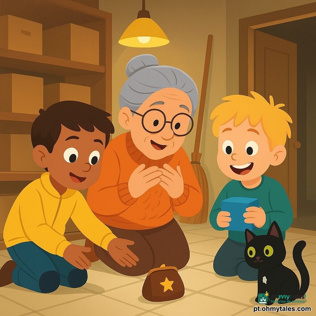 Há 4 personagens: Tomás, 5 anos, cabelo castanho curto, olhos curiosos, casaco amarelo, joelheiras azuis, ajoelhado à frente à esquerda, estendendo a mão para uma pequena carteira marrom no chão; Benjamim, 5 anos, cabelo loiro despenteado, sorriso largo, segura uma caixinha azul junto ao peito, ao lado de Tomás, olhando a carteira com excitação; Avó Lina, cerca de 70 anos, cabelo grisalho apanhado, óculos redondos, suéter laranja, agachada atrás das crianças com as mãos no peito, aliviada e emocionada; e o gato Sultão, pelagem preta brilhante, olhos verdes, mancha branca no peito, sentado perto da carteira com a cauda levantada. Local: arrecadação luminosa e acolhedora com prateleiras de madeira, caixas de papelão empilhadas, uma vassoura encostada, lâmpada amarela pendente que cria sombras suaves, chão de azulejo claro e porta aberta deixando entrar uma faixa de luz. Situação: as crianças reencontraram a pequena carteira marrom com uma estrela dourada entre caixas; cena de descoberta e alívio, rostos expressivos, composição próxima, cores quentes, contrastes suaves, estilo vetorial de traços simples e contornos fortes, ambiente alegre e tranquilizador.