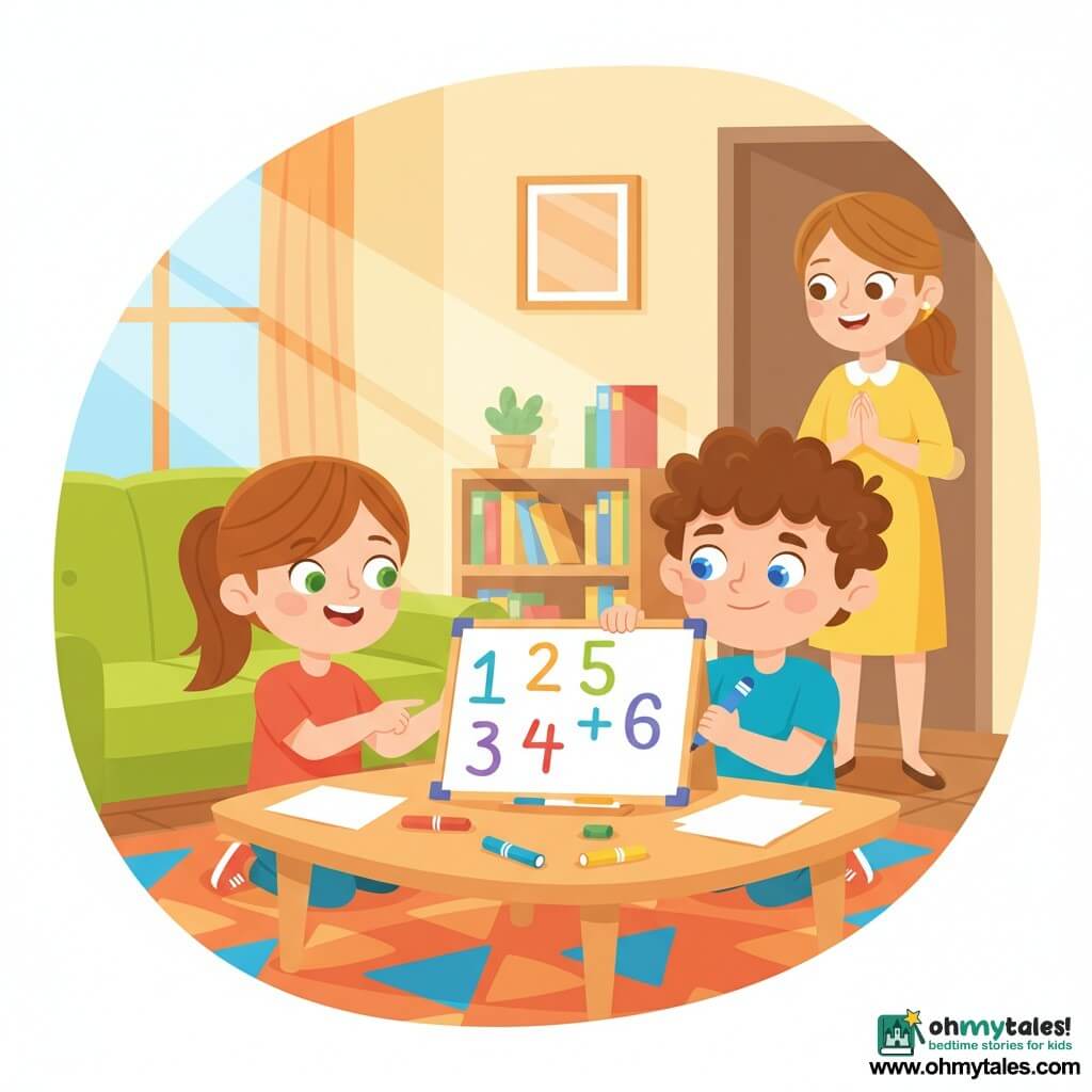 An 8-year-old boy with a round face, curly brown hair, blue eyes and a shy determined smile holds a blue marker and writes numbers on a small whiteboard on a low table; an 8-year-old girl (Mia) with straight chestnut hair in a ponytail, green eyes and a joyful encouraging expression stands to his left, pointing to a colorful addition on the board; an adult woman (Mrs. Thompson), about 30–40, in a yellow dress with light brown tied hair watches kindly from the background near an open door with her hands clasped; warm living room with an apple-green sofa, orange-and-blue geometric rug, low bookshelf with colorful books, soft light from a window and a light wood table with markers and scattered papers; friendly playful study session as the children solve additions together, reassuring lively atmosphere, bright colors, simple shapes and clean lines; flat vector graphic style with flat contrasting palettes, minimal shadows, thick strokes and clean outlines, clear composition centered on the board and expressive faces.
