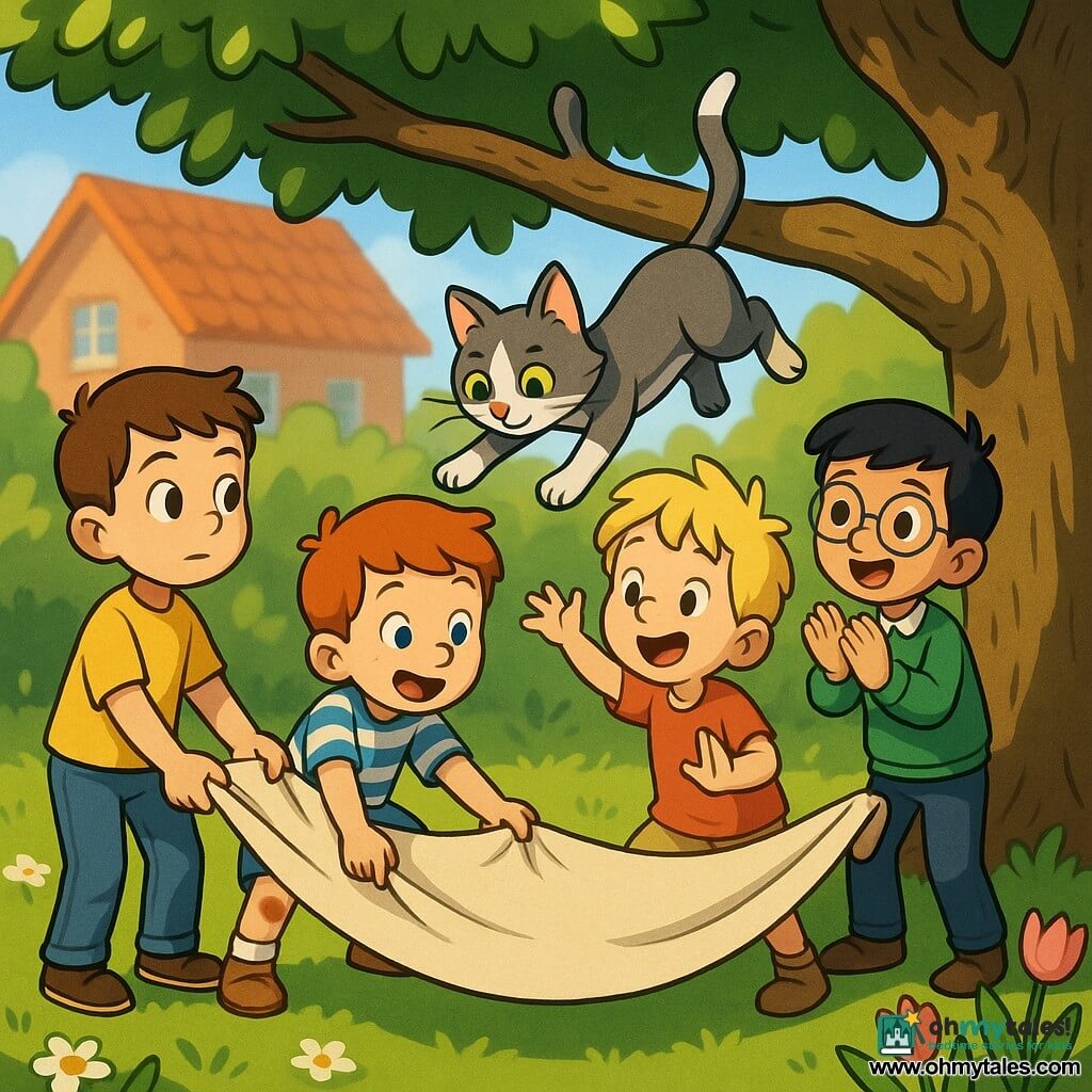 Four children: Tom (6), short brown hair, yellow T-shirt and blue jeans, left holding an open blanket; Sam (5), messy blond hair, light red shirt and beige shorts, front right waving the blanket and calling the cat; Ben (7), side-parted black hair, round glasses, green sweater, right slightly back applauding and smiling; Max (5), red hair, muddy knee, blue-and-white striped T-shirt, crouched front left ready to catch; sunny garden with green lawn, daisies and pink tulips, an old tree with a low branch and a blurred red-brick house in the background; a gray-and-white cat with green eyes mid-jump from the branch toward the blanket, curious expression and tail up.
