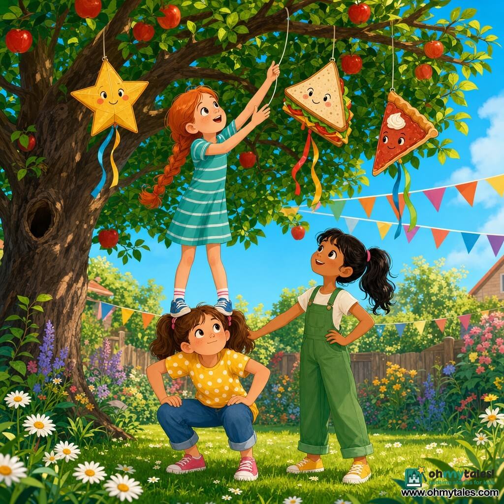 Three girls form a small human pyramid in a backyard under a large old apple tree: Molly, 9, crouched left with brown pigtails, yellow polka-dot tee and rolled jeans holding the base; Bella, 8, tall with fair skin and a red braid in a turquoise striped dress standing on Molly’s shoulders reaching for a kite string to unhook a small wooden frame; Sophie, 9, mixed-race with a black ponytail in green overalls at the right, hands on hips ready to steady and encourage. Bright green grass dotted with daisies, vivid blue sky, colorful bunting and whimsical kites (star, smiling sandwich, slice of pie) hanging in the branches; joyful, absurd mood, saturated colors, clean lines, soft contours, faces full of wonder, slight breeze ruffling leaves and kites.