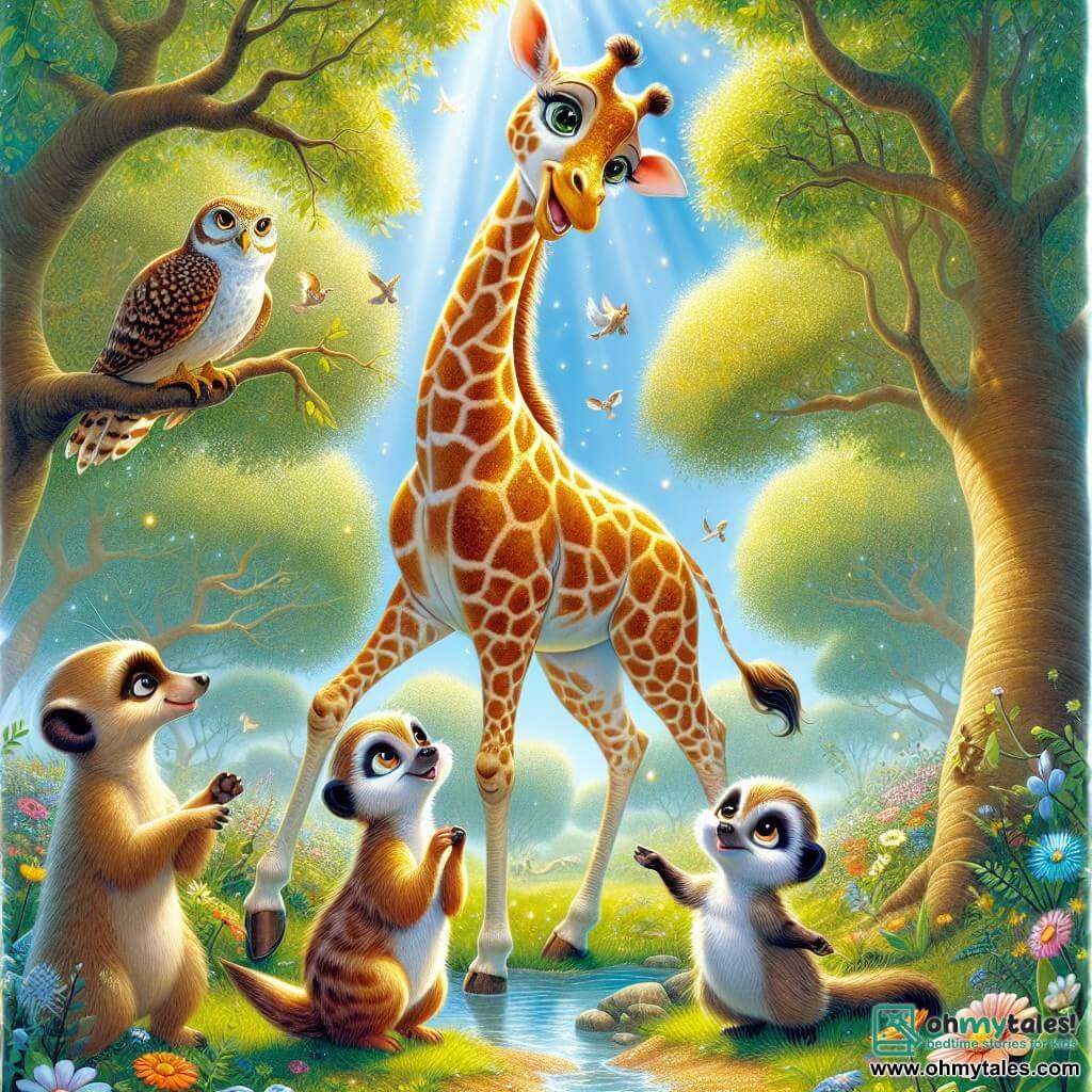 A majestic giraffe, Giselle, stands at the center of the scene, her long neck stretching towards the blue sky. Her coat is sprinkled with golden spots, and her large eyes shine with wonder and curiosity. She smiles with a joyful and determined expression, ready to help her friends. Beside her, Boris, a small meerkat with sparkling eyes, stands on his hind legs, raising a paw as if pointing to something exciting. Felicity, a wise owl with brown and white feathers, perches on a branch above, watching with a kind and attentive gaze. The setting is an enchanted clearing surrounded by trees with shiny leaves shimmering in the sunlight, with colorful flowers dancing in the breeze. In the center, a small stream gently murmurs, adding a touch of magic to the environment. In this scene, Giselle listens attentively to the whispers of the leaves, ready to discover a hidden secret in the forest while her friends cheer her on enthusiastically.
