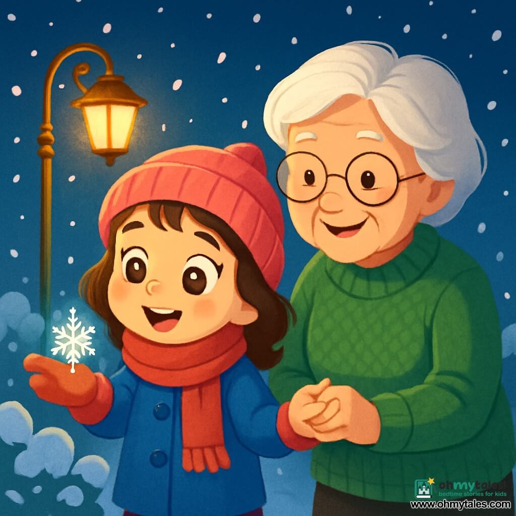 A 6-year-old girl, Maya, with big bright eyes and rosy cheeks, is enchanted as she holds a sparkling snowflake on her red mitten. She wears a blue wool coat and a soft red scarf, with her curly brown hair falling beneath her hat. Beside her, her grandmother, an elderly woman with silver hair and a warm smile, is dressed in a green knitted sweater, tenderly holding Maya's hand. The scene takes place under a golden streetlamp, illuminating the freshly fallen snow that sparkles like diamonds. Snowflakes dance in the air, creating a magical atmosphere. Maya and her grandmother stand in a snowy garden, surrounded by snow-covered bushes, while a starry sky stretches above them. The main focus shows Maya and her grandmother awed by the beauty of the gently falling snowflakes, with a small sparkling flake resting delicately on Maya's mitten, symbolizing the magic of Christmas.