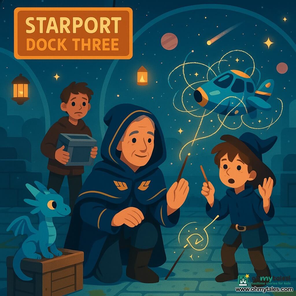 A calm, kind Captain Rowan with gently lined face, short gray hair and a dark blue coat with gold insignia and hood kneels on mossy paving, smiling slightly as he waves a thin wand that traces glowing runes; to his right a nervous but focused 12-year-old apprentice boy with tousled brown hair and an oversized wizard hat stands with raised hands guiding a small blue-and-gold enchanted ship with his wand; slightly behind and left, an worried 11-year-old apprentice boy holds a shining crate and watches the ship; a cat-sized silver-blue dragon with sparkling scales sits on a crate near Rowan’s feet, curious with pointed ears; the scene is on Dock Three of a starport with blue-mossed cobbles, transparent domes revealing a starry sky with pink planets and comets, floating lanterns like fireflies and small glowing "firefly" ships streaking the background; magical filaments tangle the ship above the dock and relax as Rowan’s runes take effect, creating a warm, cooperative action mood with clear, high-contrast shapes.