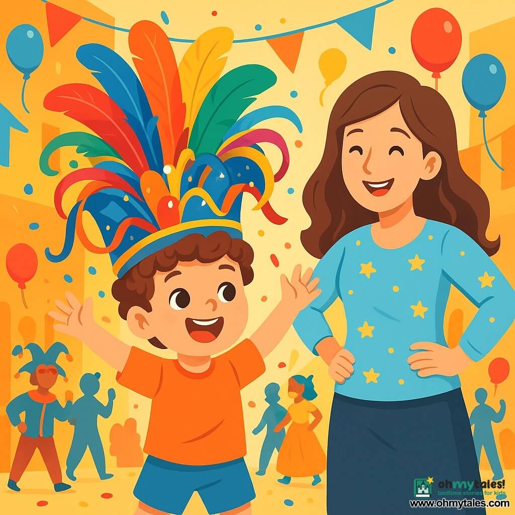 A 4-year-old boy, Tommy, with curly hair and sparkling eyes, wears a large carnival hat filled with colorful feathers and shiny ribbons. He dances with a big smile on his face, arms raised to the sky, surrounded by bright colors. Next to him, his mom, a woman in her thirties with long hair and a star-patterned blouse, looks at him tenderly, hands on her hips, laughing. In the background, a lively street is decorated with red, blue, and yellow balloons, with flags fluttering in the wind, while people in colorful costumes dance and have fun. The scene captures Tommy and his mom at the heart of a joyful carnival, where music resonates and laughter fills the air, creating a festive and magical atmosphere.