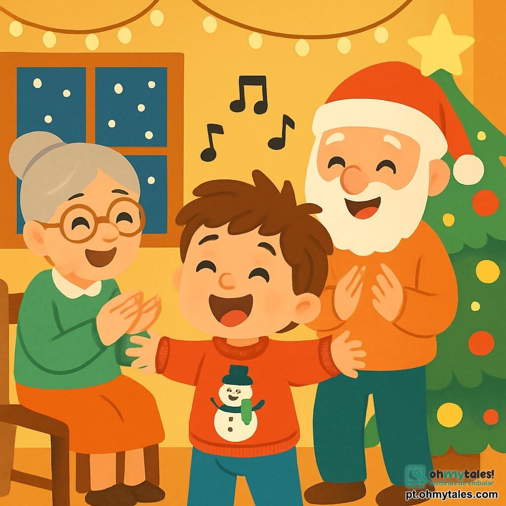 Um menino de 2 anos, com cabelos castanhos bagunçados e olhos brilhantes de alegria, usa um suéter vermelho com um boneco de neve. Ele sorri amplamente, com os braços abertos, cantando no meio de um grupo de pessoas. Ao lado dele, uma avó de cabelos grisalhos e óculos redondos, vestindo um suéter verde, aplaude com um grande sorriso, sentada em uma cadeira de madeira. Um avô, com barba branca e um gorro de Natal, está de pé, batendo palmas em ritmo, logo atrás do menino. O local é uma casa acolhedora, decorada com luzes cintilantes e uma grande árvore de Natal cheia de bolas coloridas. Flocos de neve caem suavemente do lado de fora, criando uma atmosfera mágica. A cena mostra o menino envolvendo os avós em uma alegre canção de Natal, repleta de risos e felicidade.