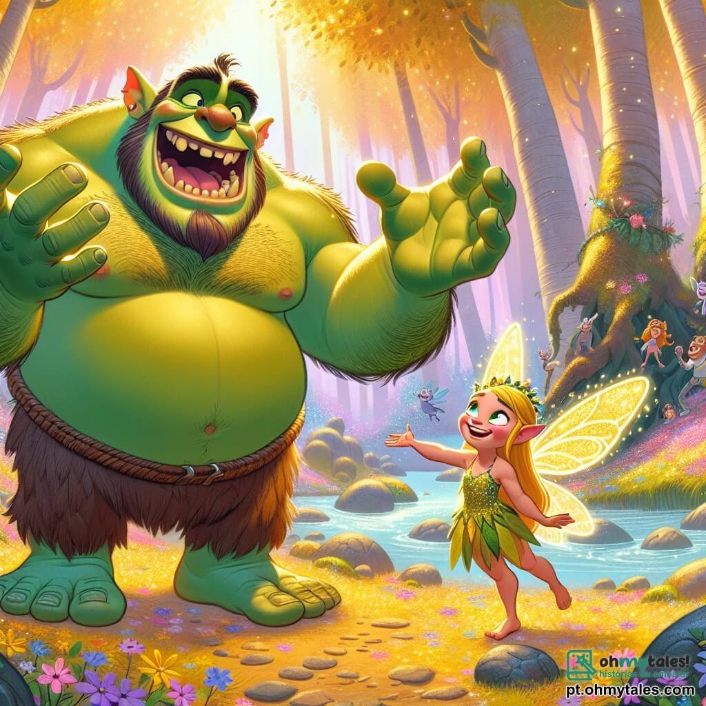 Um ogro chamado Olav, grande e forte, com pele verde e olhos brilhantes de curiosidade, está no centro da cena. Ele tem um largo sorriso no rosto, expressando alegria e determinação. Seus braços musculosos estão levantados para o céu, como se estivesse cantando uma canção alegre para afastar as sombras. Ao seu lado, uma pequena fada chamada Lila, uma menina de cerca de 10 anos, com asas cintilantes e um vestido feito de pétalas de flores, dança ao seu redor. Ela tem cabelos dourados que brilham à luz e seu rosto está cheio de entusiasmo enquanto incentiva Olav. O cenário é uma floresta encantada, com árvores de troncos grossos e folhas douradas que brilham ao sol. Um riacho cantando serpenteia pela paisagem, e flores coloridas cobrem o chão, criando uma atmosfera mágica e alegre. A cena principal mostra Olav e Lila unidos em um momento de bravura, onde Olav canta para afastar as sombras ameaçadoras que tentam cobrir seu mundo mágico de tristeza. As sombras, difusas e escuras, estão recuando, enquanto a luz e a cor começam a invadir a cena.