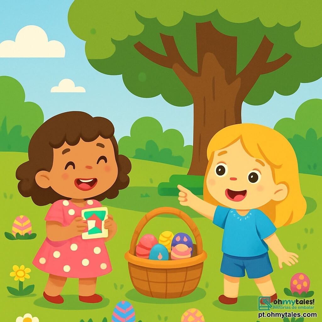 Há 2 personagens principais: Maria, uma menina de 5 anos com cabelos castanhos e cacheados, vestindo um vestido rosa com bolinhas brancas, alegre e segurando um papel colorido; e Ana, uma menina de 5 anos com cabelos loiros e lisos, vestindo uma blusa azul e um short de jeans, sorrindo e apontando para uma grande árvore. A cena se passa em um parque ensolarado, cheio de flores coloridas e árvores verdes, com uma grande árvore no centro, cercada por um gramado bem cuidado. O foco da história é Maria e Ana descobrindo uma grande cesta cheia de ovos de Páscoa atrás da árvore, surpresas e felizes, prontas para compartilhar a descoberta com os amigos.