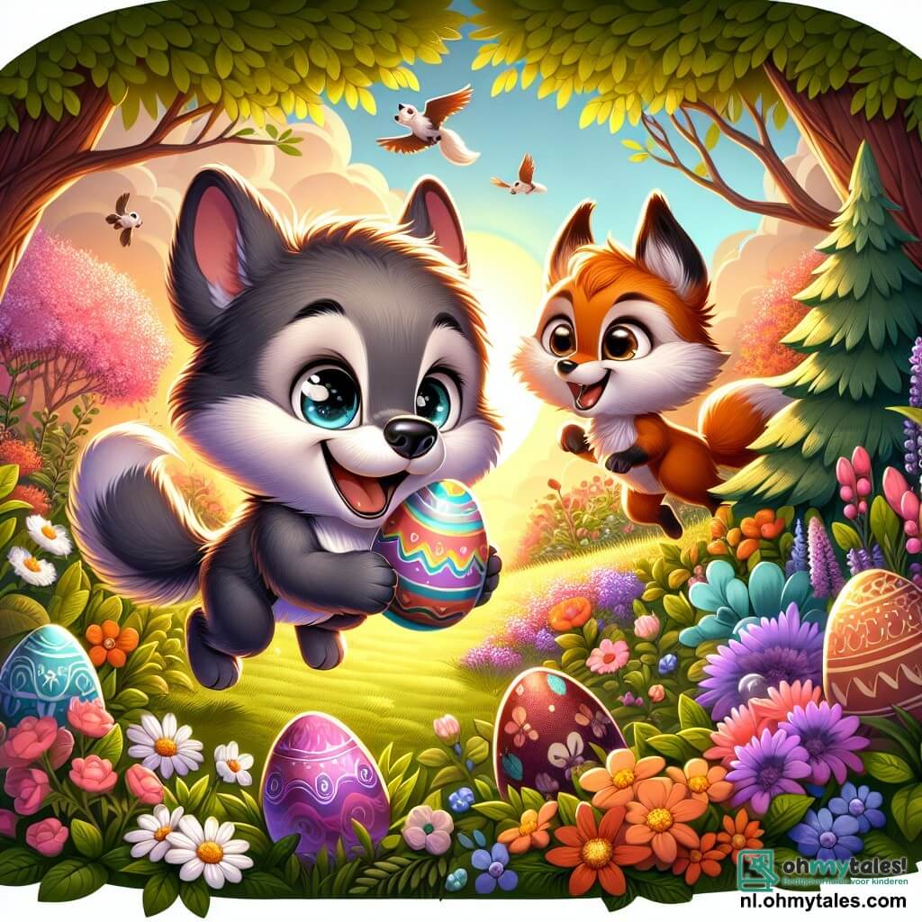 In het midden van de afbeelding springt een kleine wolf met zachte grijze vacht en grote sprankelende ogen van blijdschap, terwijl hij een gekleurd chocolade-ei in zijn pootjes vasthoudt. Naast hem kijkt een ondeugende vos met glanzende rode vacht en een ondeugende glimlach naar een ei dat verstopt is achter een bloeiende struik, met opgewonden ogen. Op de achtergrond is een prachtige lentetuin vol met stralende bloemen, grote groene bomen en een zachte gouden zonlicht van de ondergang die de scène verlicht. De hoofdscène toont de twee vrienden die op jacht zijn naar paaseieren, omringd door gelach en ontdekkingen, terwijl ze hun magische tuin verkennen op zoek naar chocolade verrassingen.