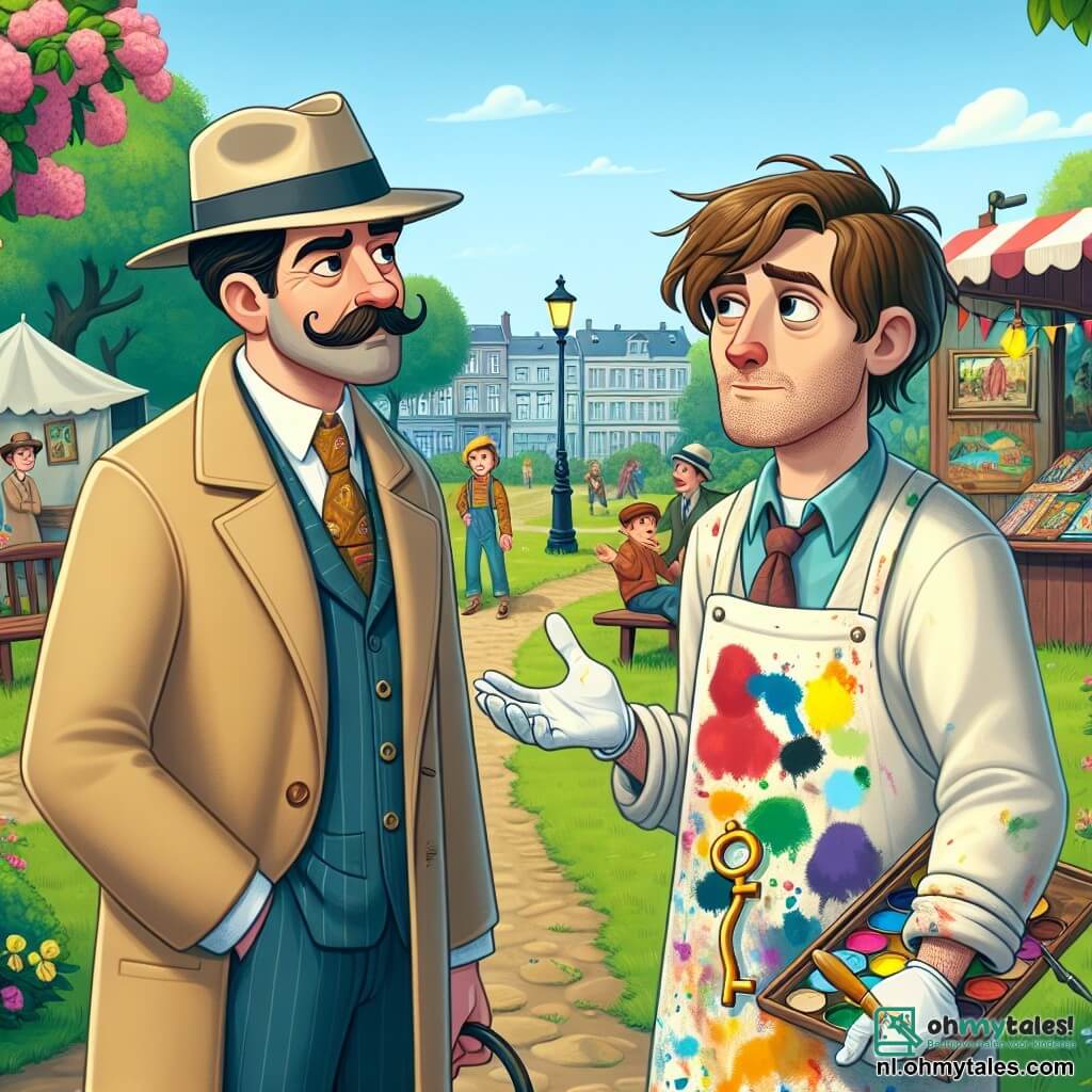 De hoofdpersoon, een man genaamd Max Bontje, is een vriendelijike detective met een goed verzorgde snor en een klassieke detectivehoed. Hij draagt een lange beige jas en houdt een vergrootglas in zijn rechterhand, met een uitdrukking van vastberadenheid en nieuwsgierigheid. Naast hem staat Kees, een man van ongeveer 30 jaar met rommelig bruin haar en een met verf besmeurde schildersschort. Hij kijkt naar Max met een mengeling van nervositeit en opluchting, terwijl hij een sculptuur van de gouden sleutel in zijn handen houdt. De scène speelt zich af in een klein groen park, omringd door bloeiende bomen en houten banken, waar kinderen spelen en gezinnen samenkomen voor het festival. Op de achtergrond is een kleurrijke kraam te zien met ballonnen en pannenkoeken die in de wind wapperen. De belangrijkste situatie toont Max, de detective, die Kees ondervraagt over de mysterieuze verdwijning van de gouden sleutel, terwijl kinderen om hen heen lachen en plezier maken, wat een zowel serieuze als vrolijke sfeer creëert.
