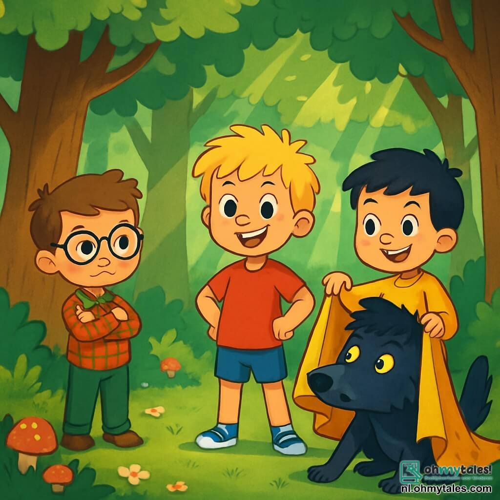 Er zijn 3 personages: Jelte: een 5-jarig jongetje met rommelig blond haar en sprankelende ogen. Hij draagt een rood t-shirt en een blauwe short. Hij staat in het midden, glimlachend en vol moed. Bram: een 5-jarig jongetje met bruin haar en ronde bril. Hij draagt een geruit overhemd en groene broek. Hij staat links van Jelte met zijn armen over elkaar, met een vastberaden uitdrukking. Siem: een 5-jarig jongetje met zwart haar en sproeten. Hij draagt een gele trui en jeans. Hij staat rechts van Jelte en houdt een magische deken vast met een ondeugende blik. De situatie speelt zich af in een dicht bos met grote bomen en heldergroene bladeren. Zonnestralen komen door het loof en creëren lichtvlekken op de met mos bedekte grond. Kleurrijke bloemen en paddenstoelen verstoppen zich tussen de boomwortels. De hoofdscène toont de drie vrienden die geconfronteerd worden met een grote boze wolf met zwart als de nacht en glanzende ogen. De wolf draait verward rond onder een magische deken, terwijl de jongens, verenigd en moedig, klaarstaan om hun avontuur voort te zetten.