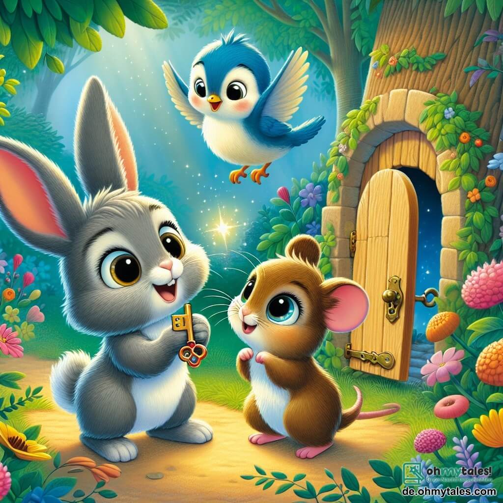 Max, ein kleiner Hase mit großen Ohren und weichem, grauem Fell, schaut mit weit aufgerissenen Augen auf einen kleinen, glänzenden roten Schlüssel, den er in seinen Vorderpfoten hält, sein Gesicht drückt große Neugier und Aufregung aus. Neben ihm steht Mia, eine kleine Maus mit braunem Fell und funkelnden Augen, die auf ihren Hinterbeinen steht, lächelnd und interessiert, während Benny, ein blauer Vogel mit leuchtenden Federn, über ihnen fliegt, mit einem lebhaften und verspielten Blick, bereit zu erkunden. Die Szene spielt in einem verwunschenen Garten, voll von bunten Blumen mit leuchtenden Blütenblättern, großen Bäumen mit grünen Blättern und einer kleinen Holztür, die im Stamm eines Baumes versteckt ist und sowohl geheimnisvoll als auch einladend wirkt. Die drei Freunde entdecken gemeinsam die geheime Tür, und Max, der den Schlüssel hält, bereitet sich darauf vor, ihn ins Schloss zu stecken, während Mia und Benny ihn ungeduldig beobachten, gespannt darauf, was sich dahinter verbirgt.