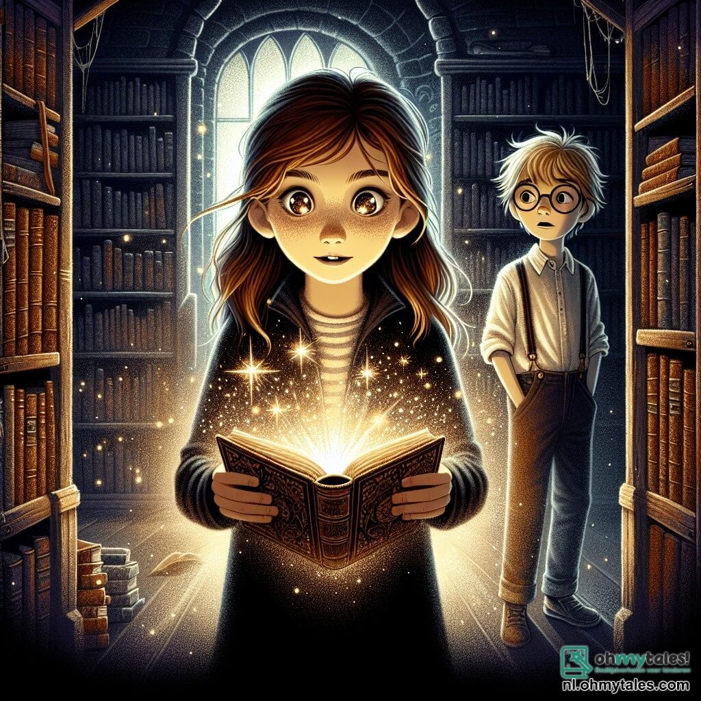 In het midden van de afbeelding staat een 9-jarig meisje, Emma, met lange bruine haren en stralende ogen, die verwonderd naar een oud boek kijkt dat ze in haar handen houdt. Haar gezicht toont een combinatie van opwinding en bezorgdheid, terwijl ze omringd is door een zachte gloed die van het boek uitgaat. Naast haar staat haar vriend Tom, een 9-jarig jongetje met messy blond haar en ronde bril, die met een nieuwsgierige maar bezorgde uitdrukking kijkt. Hij staat iets op de achtergrond met zijn handen in zijn broekzakken, alsof hij aarzelt om dichterbij te komen. De achtergrond is een oude bibliotheek met donkere houten planken vol stofboeken. Spinrag schittert in de hoeken en gedempt licht valt door een vieze raam, wat een mysterieuze en iets angstaanjagende sfeer creëert. De hoofdscène toont Emma die een mysterieuze boek ontdekt dat oplicht, terwijl schaduwen om hen heen dansen, alsof de bibliotheek zelf tot leven komt, wat een vleugje magie en mysterie aan de sfeer toevoegt.