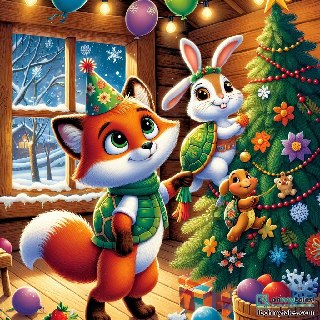 Al centro dell'immagine, Rocco, una piccola volpe dai pelo rosso brillante e con occhi curiosi, sorride felice mentre decora un albero di Natale con ghirlande colorate. Indossa un piccolo cappello di carta e sembra molto eccitato. Alla sua destra, la signora Tartaruga, una tartaruga con un guscio verde decorato con motivi floreali, sorride gentilmente mentre tiene una stella dorata che si appresta ad appendere in cima all'albero. A sinistra, il signor Coniglio, un coniglio con grandi orecchie bianche e occhi vivaci, tiene una carota croccante e ride guardando i suoi amici. Il decor è una graziosa casa di legno, circondata da fiocchi di neve che cadono dolcemente, con luci scintillanti che illuminano la scena. La situazione principale mostra Rocco e i suoi amici mentre preparano insieme una festa gioiosa per il Capodanno, piena di risate, decorazioni e amicizia, creando un'atmosfera calda e festosa.