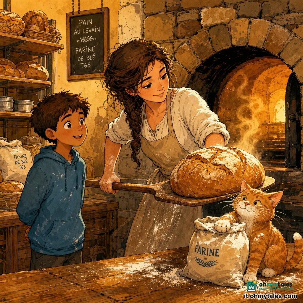 Una donna panettiera sorridente e serena, mani infarinate, capelli castano scuro in treccia disordinata, piegata verso un grande forno aperto mentre estrae con una lunga pala di legno una grande pagnotta rotonda dorata; a sinistra un ragazzo di circa 9–10 anni (Milo), curioso e meravigliato, mani dietro la schiena, occhi fissi sulla pagnotta; a destra sul banco un piccolo gatto rossiccio (Zenzero) con i baffi infarinati, zampa appoggiata su un sacco di farina; interno della panetteria con banco in legno usurato, sacchi di farina, scaffali con pani e teglie metalliche, forno in pietra da cui esce vapore dorato; la scena cattura il momento in cui la pagnotta appena tolta mostra crosta brun dorata screpolata e un soffio di vapore profumato, luce morbida e atmosfera calda e intima.