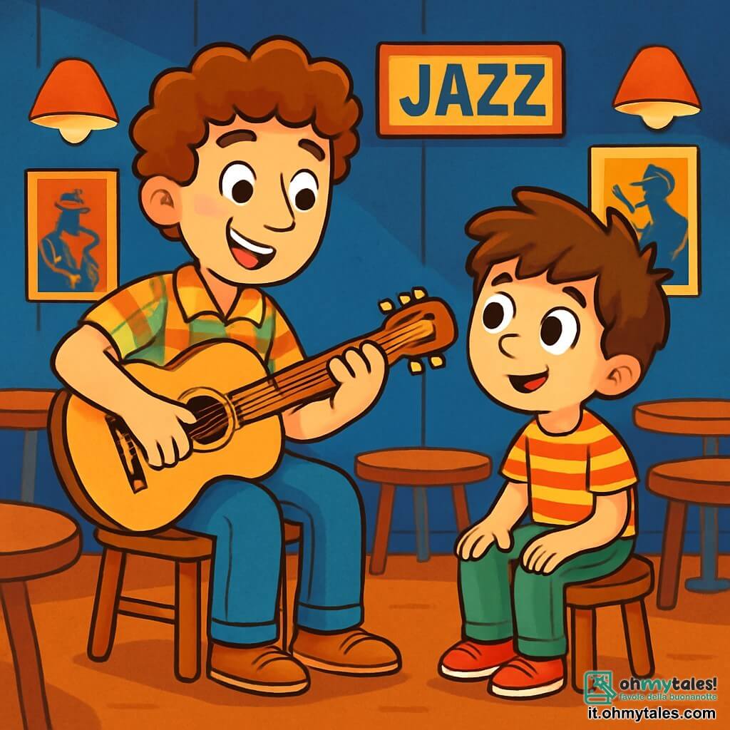 Un uomo sorridente, Leo, è seduto su una sedia di legno, con una chitarra acustica in mano. Ha capelli ricci e una camicia a quadretti colorata. I suoi occhi brillano di eccitazione mentre compone una melodia. Accanto a lui, un ragazzo di 8 anni di nome Tommaso, con capelli castani arruffati e una maglietta a righe, lo osserva con meraviglia, le mani sulle ginocchia, pronto ad imparare. L'ambiente è un piccolo club jazz accogliente, con pareti dipinte di blu profondo, luci soffuse e manifesti di musicisti famosi appesi. Leo suona accordi sulla chitarra, mentre Tommaso, affascinato, ascolta attentamente, sognando di creare la sua musica.