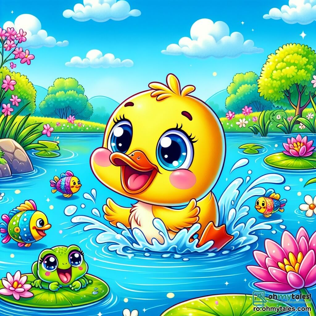 Un mic raț cu numele Quacky, cu un penaj galben strălucitor și un zâmbet vesel, înoată într-un lac albastru strălucitor, înconjurat de nuferi roz și flori albe mici. Ochii săi strălucesc de entuziasm în timp ce stropște apă cu labele sale palmate. Aproape, o broască mică verde pe nume Sari, cu pete maronii, sare pe o frunză de nufăr, aplaudându-l pe Quacky cu entuziasm. Un pește colorat, Blinky, cu solzi strălucitori, înoată vesel în jurul lui Quacky, încurajându-l să continue. Lacul este marginit de copaci cu frunze verzi strălucitoare, iar cerul este de un albastru deschis presărat cu nori albi pufoși. Scena îl arată pe Quacky exersând înotul, înconjurat de prietenii săi, într-o atmosferă veselă și prietenoasă.