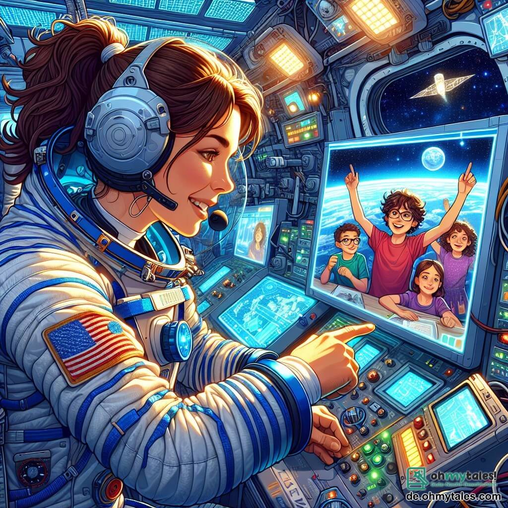 Eine Astronautin, Lara, schwebt im Weltraum in ihrer Raumstation. Sie ist eine Frau in ihren Dreißigern mit braunen Haaren, die zu einem Pferdeschwanz gebunden sind, und trägt einen weißen und blauen Raumanzug, der im Licht der Solarpanels glänzt. Ihr Gesicht zeigt Konzentration und Begeisterung, ihre Augen funkeln vor Aufregung, während sie Kontrollinstrumente überprüft. Auf dem Bildschirm ihres Computers erscheinen Kinder in einer Videokonferenz: ein 10-jähriger Junge mit Brille und rotem T-Shirt, der sie bewundernd anblickt, und ein 9-jähriges Mädchen mit lockigen Haaren in einem lila Kleid, das sie ermutigt, indem es die Arme hebt. Sie sitzen in einem Klassenzimmer, umgeben von Postern von Planeten und Sternen, ihre Gesichter erleuchtet vom Licht des Bildschirms. Die Raumstation hat eine futuristische Umgebung mit silbernen Wänden und Panoramafenstern, die einen spektakulären Blick auf die blaue Erde darunter bieten, die mit weißen Wolken übersät ist. Wissenschaftliche Instrumente und blinkende Bildschirme füllen den Raum und schaffen eine Entdeckungsatmosphäre. Lara spricht mit den Kindern, erklärt das Problem des niedrigen Sauerstoffs in der Station und ermutigt sie, Ideen zur Lösung dieser Herausforderung vorzuschlagen.