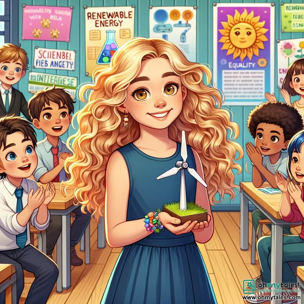 An 11-year-old girl, Ella, stands at the center of the image, with curly golden hair dancing around her smiling face. Her hazel eyes shine with excitement as she proudly presents a science project on renewable energy, holding a small model of a wind turbine in her hands. Next to her, Mia, another 11-year-old girl with bright blue hair, encourages her with a big smile and crossed arms, showing her support. In the background, a group of boys, around 12 years old, watches with curiosity, some displaying expressions of surprise and admiration, while one appears skeptical. The scene takes place in a bright classroom decorated with colorful posters on science and equality, with wooden tables and chairs arranged in a semicircle around a central space where Ella and Mia stand. The main situation shows Ella and Mia defending their project at a science fair, proving that girls can excel in science while inspiring their peers to believe in their dreams, regardless of gender.