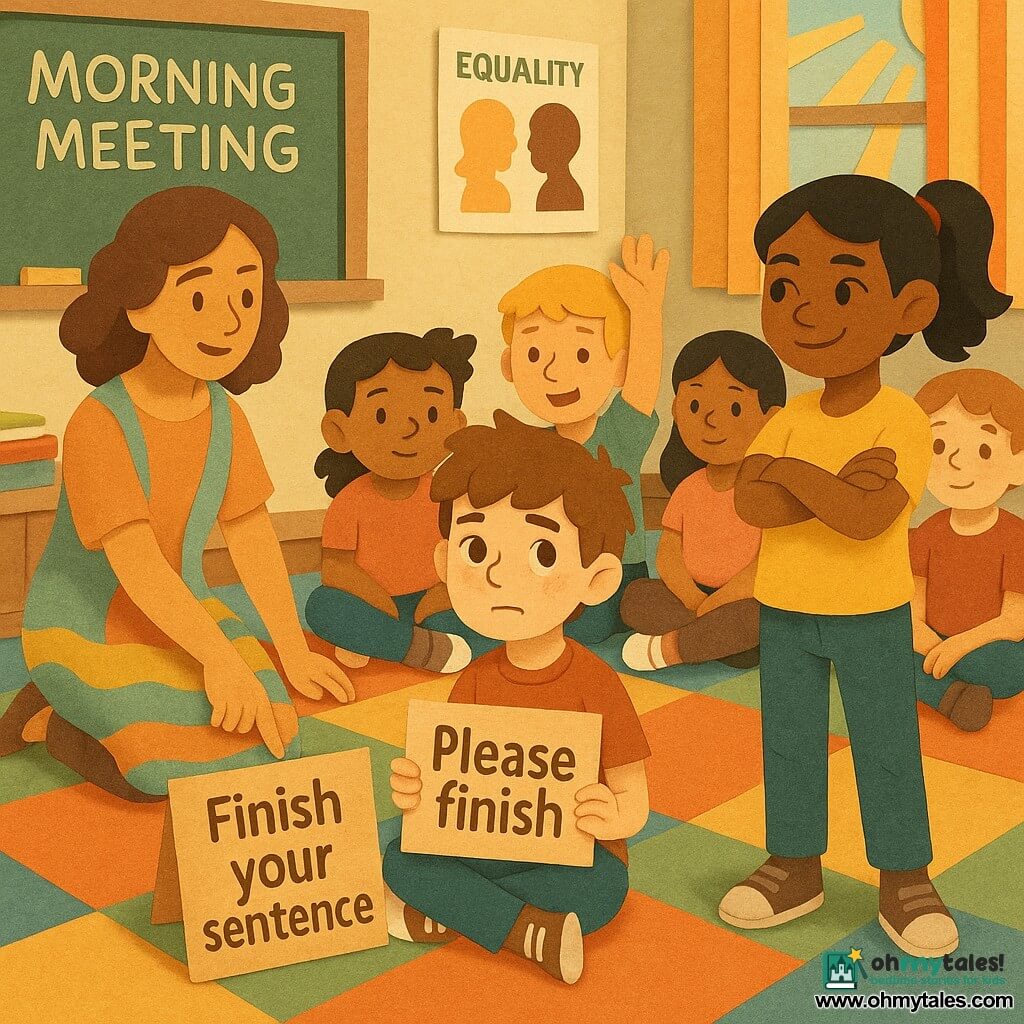 The main character is a determined yet shy 10-year-old boy, Ben, with bright eyes and messy brown hair, holding a small card reading "Please finish" and sitting on a classroom carpet; to his right is 10-year-old Mia with her black hair in a ponytail, arms crossed and smiling gratefully; behind Ben sits 10-year-old Luca, blond and relaxed, raising his hand in support; Ms. Ortiz, the teacher, kneels by the carpet, listening and pointing toward the circle; the sunny classroom features a large checkered rug, stacked books, equality posters, a window with a striped curtain and paper sun rays; the scene shows a calm, respectful sharing circle with children waiting their turn and a central card "Finish your sentence," warm inclusive atmosphere, bright colors, simple shapes, and visible torn-paper textures.