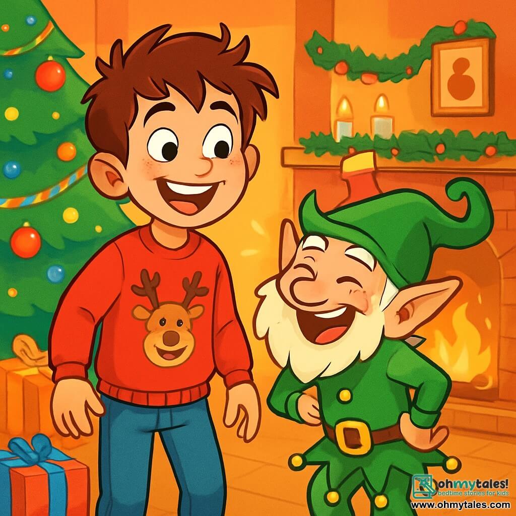 A 10-year-old boy with messy brown hair and sparkling mischievous eyes stands in the center, sporting a wide smile full of excitement and joy. He wears a red sweater with a reindeer pattern and jeans. Next to him is a playful little elf with pointy ears and a tousled white beard, laughing heartily in a bright green costume adorned with jingling bells. They are in a cozy living room decorated with a large Christmas tree twinkling with lights, colorful garlands, and shiny gifts scattered around. The fireplace crackles softly, casting a golden glow on the walls adorned with festive decorations. The main scene shows the boy and the elf laughing together, surrounded by festive surprises as they prepare fun pranks for the family, creating a joyful and magical atmosphere.