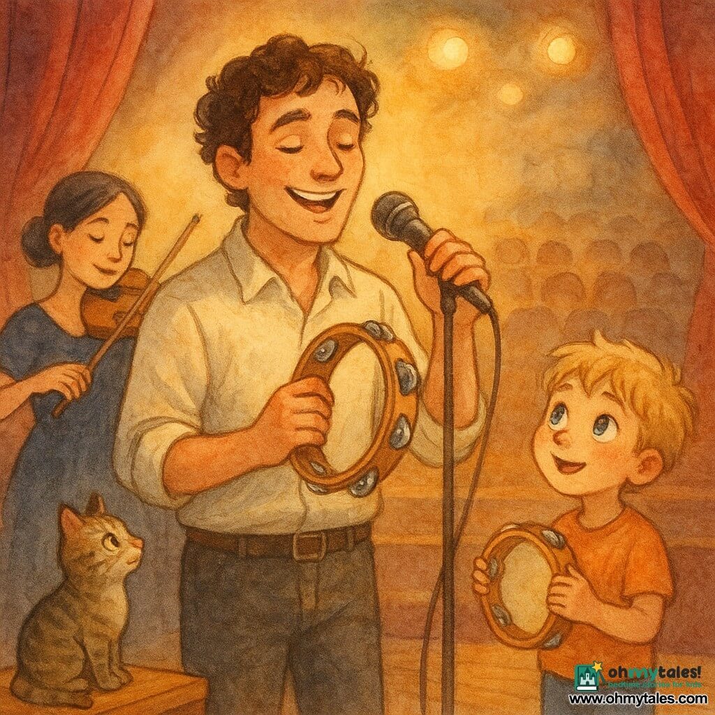 A smiling male singer-musician with soft features and curly brown hair, wearing a light rolled-sleeve shirt, stands center stage singing into a mic and playing a wooden tambourine with silver jingles; an awed blond boy of about eight stands at stage right holding a small gifted tambourine and looking at him; a smiling female violinist in her thirties with tied black hair in a deep blue dress plays slightly left in the background; Melody, a small tabby cat, sits on a wooden crate near the singer’s foot watching with its tail curled. The warm theater has red velvet curtains, a glossy wooden floor, golden lights casting soft halos and rows of seats suggesting an audience. Main scene: an intimate joyful concert where the singer leads with his tambourine, the boy receives the tambourine as a gift, and everyone shares a musical moment; friendly atmosphere, warm colors, visible watercolor textures and golden highlights on the instruments.