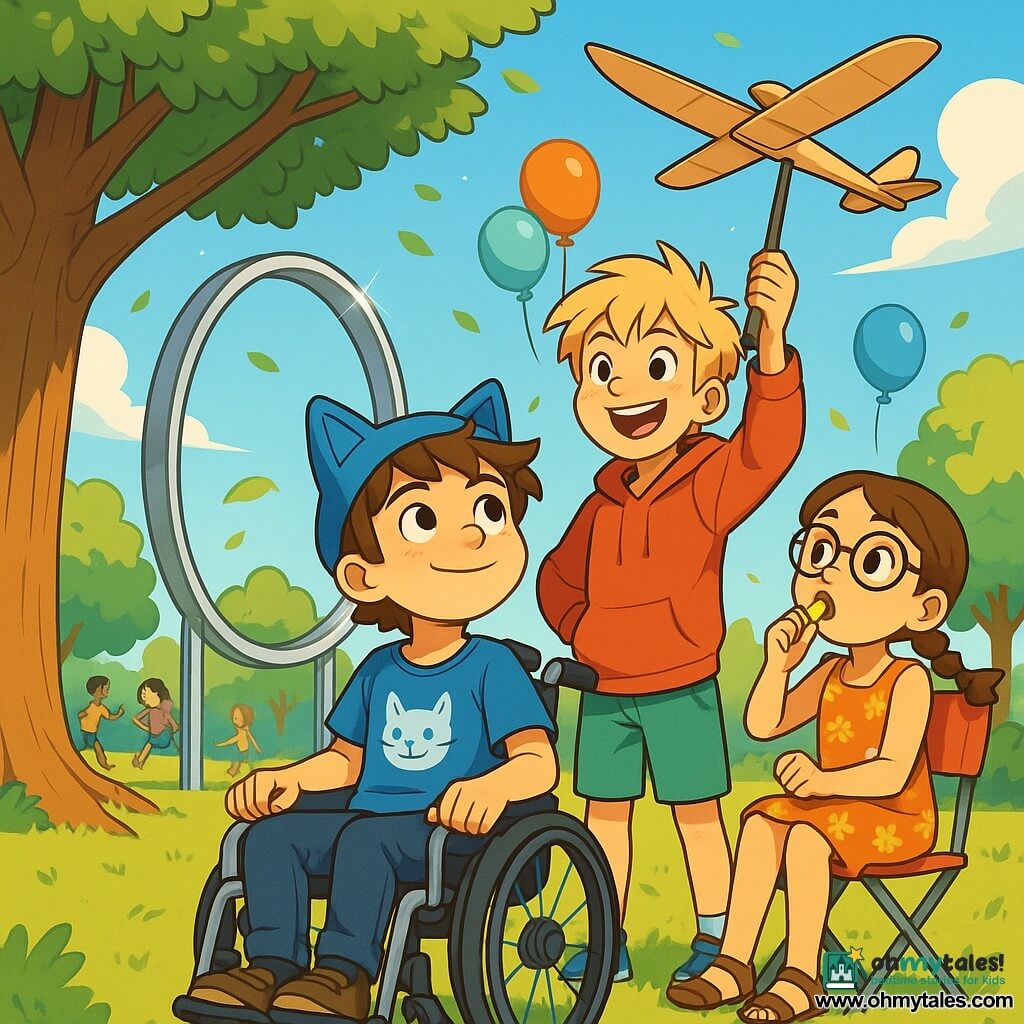 There are 3 characters: Max, a 10-year-old boy in a wheelchair with messy brown hair and a determined smile, wearing a blue t-shirt with a cat design and a cat-eared hat, sitting in the center of the image, looking at the sky with hope. Leo, a 10-year-old boy standing next to Max with messy blonde hair and a big smile, wearing a red hoodie and green shorts, holds a large colorful umbrella, ready to launch a glider. Mia, an 8-year-old girl sitting on a folding chair with braided brown hair and round glasses, wearing a floral dress, blows a whistle, enthusiastically encouraging the boys. The setting is a sunny park with a majestic tree at the center, its branches spread wide like welcoming arms. Nearby, a large metal hoop glimmers in the sun, ready for a challenge. Children play around, laughter echoes, and colorful balloons float in the air. The main scene shows Max and Leo preparing to launch a homemade glider towards the shiny hoop, with determined expressions on their faces, while the wind rustles the leaves, adding a touch of magic to this moment of challenge.