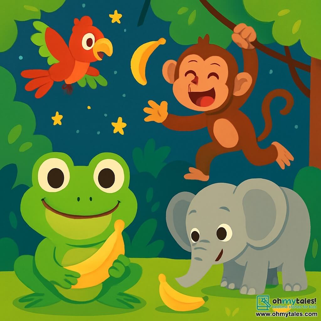 A joyful frog with big round eyes and a bright smile stands at the center of a lively scene, holding a shiny yellow banana in its small paws. Next to it, a mischievous monkey with brown fur and playful eyes swings from branch to branch, laughing and tossing a banana into the air. Further away, a gentle elephant with large ears and gray skin bends down to pick up a fallen banana, looking amused. Above them, a colorful parrot with red, green, and yellow feathers flies in circles, squawking with joy. The scene takes place in a magical zoo under a starry sky, with lush trees and shiny leaves creating a festive atmosphere. The animals are gathered for a hilarious banana race, laughing and having fun together in a joyful and playful setting.