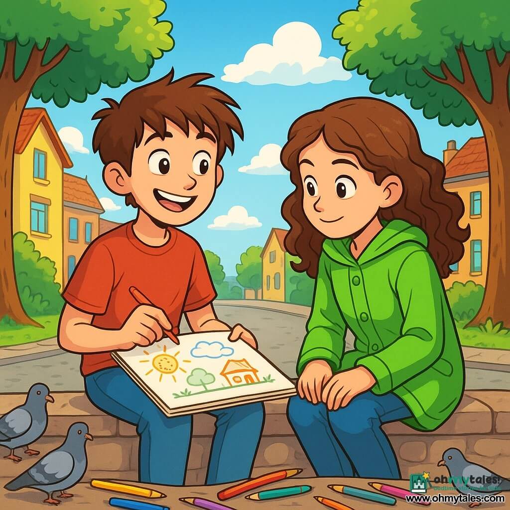 A 12-year-old boy with messy brown hair and sparkling curious eyes sits on a stone wall, a radiant smile on his face. He holds an open sketchbook on his lap, with colored pencils scattered around him. Next to him, an 11-year-old girl with long curly hair, wearing a bright green raincoat, attentively observes his drawing with a focused and enthusiastic look. She leans slightly forward, her hands resting on her knees. Their surroundings are a quiet street lined with colorful houses and tall trees with shiny leaves, under a blue sky dotted with fluffy white clouds. Pigeons peck at crumbs on the pavement, adding life to the scene. The main focus shows the two friends sharing their sketches, exchanging ideas and laughing together, illustrating the beauty of friendship and creativity.