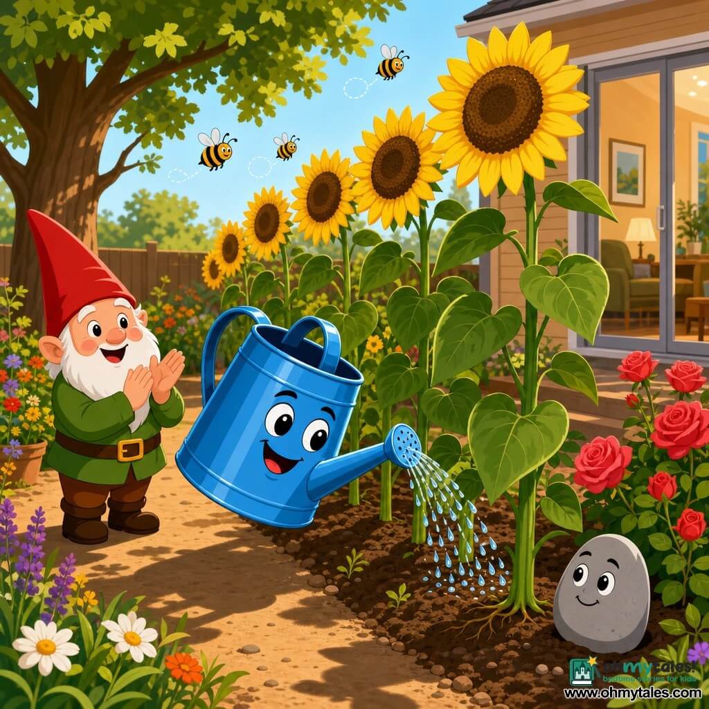 The main character is a bright blue anthropomorphic metal watering can with a smiling face and large round eyes, leaning forward to pour small clear droplets onto sunflower roots; secondary characters: a jovial garden gnome with a red pointed hat, white beard and green clothes standing left on a dirt path clapping and watching, and a small round anthropomorphic smooth gray pebble with drawn eyes and a content expression near a rosebush on the right observing; setting: a summer garden plot with a row of very tall yellow sunflowers with large green leaves, a few orange-and-black bees, an oak casting soft shade and a blurred glass patio door in the background; golden summer afternoon light with warm tones, long shadows, saturated colors, simple shapes and clean outlines conveying a friendly, joyful atmosphere.