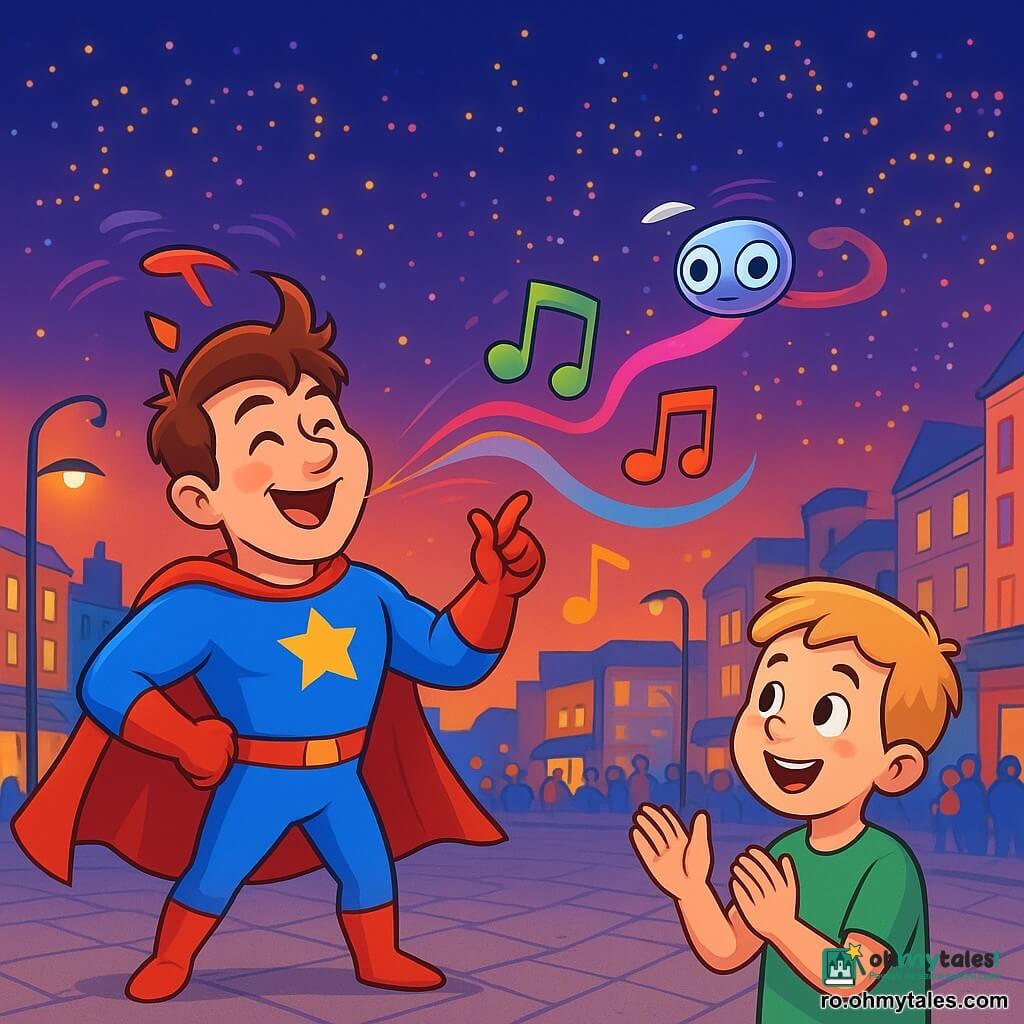 Un supererou comic zâmbitor într-o postură dinamică, cu pelerină roșie scurtă și costum albastru cu stele galbene, păr brun zburlit, suflă note muzicale colorate; față expresivă, ochi râzători, obraji roșii. În prim-plan dreapta, un băiat de ~8 ani, păr blond scurt, tricou verde, aplaudă uimit. Deasupra eroului planează un mic dron argintiu rotund cu ochi LED prietenoși și urma luminoasă roz. Scena are loc pe o esplanadă urbană pavată cu felinare moderne, cafenele și clădiri colorate la apus, cer plin de mini-dronuri care formează motive luminoase; traficul sincronizat e perceptibil. Situația principală: eroul transformă haosul dronelor într-un spectacol vesel — dronele dansează în formații cu panglici de lumină și note plutitoare, mulțimea zâmbește și aplaudă; atmosferă festivă, culori saturate și contururi clare, stil vectorial pentru copii.