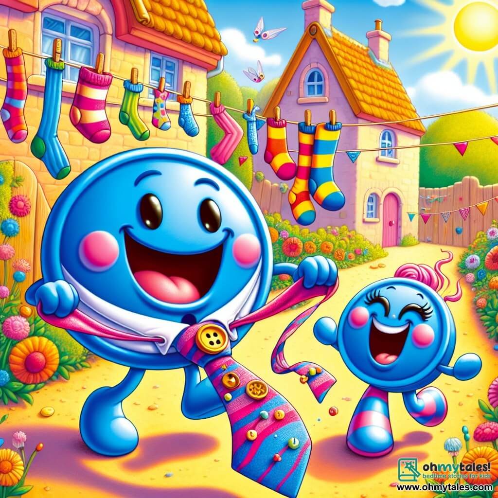 Benny Button, a round blue button with a big joyful smile, is jumping for joy while holding a colorful and whimsical tie adorned with pink feathers and little bells that sparkle in the sun. Next to him, Papa Button, a larger and rounder button with a proud and happy expression, wears the super funny tie, laughing with sparkling eyes. Sally Sock, a brightly colored striped sock, is hanging on a clothesline, enthusiastically clapping her vibrant stripes in the wind. The scene takes place in a sunny garden in Buttonville, filled with bright flowers and colorful-roofed houses, where laughter and songs resonate in the air. Benny proudly shows the super funny tie to his dad, as they share a moment of happiness and closeness, surrounded by the festive atmosphere of Father's Day.