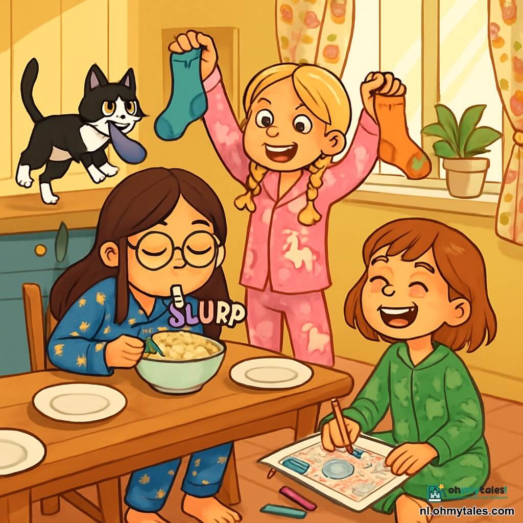 Er zijn 3 personages: - Noa: een 10-jarig meisje met lange bruine haren en een ronde bril. Ze draagt een blauwe pyjama met sterren en zit aan de keukentafel, terwijl ze luidruchtig haar pap slurpt. - Jade: een 9-jarig meisje met blonde vlechten en een ondeugende glimlach. Ze draagt een roze pyjama met eenhoorns en staat naast Noa, terwijl ze een blauwe en een oranje sok de lucht in houdt. - Lena: een 9-jarig meisje met kort kastanjebruin haar en sproeten. Ze draagt een groene pyjama met dinosaurussen en zit op de grond, terwijl ze een stripverhaal tekent met kleurpotloden en lacht. De locatie is een warme, zonnige keuken met gele muren en een grote houten tafel in het midden. Porseleinen borden staan op de tafel en zonnestralen filteren door de bloemen gordijnen. Een zwart-witte kat, Makkie, springt op de tafel met een sok in zijn mond, wat bijdraagt aan de chaotische scène. De belangrijkste situatie toont de drie zussen in volle gang: Noa probeert haar pap te eten, Jade amuseert zich met het zwaaien van de sokken en Lena lacht terwijl ze tekent, terwijl Makkie rommel op de tafel maakt.