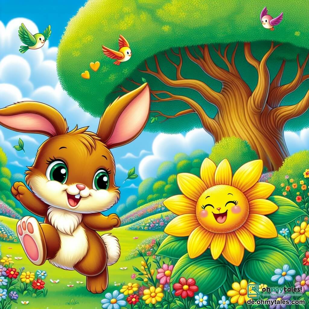 Ein kleiner Hase namens Felix mit weichem braunem Fell und neugierigen, funkelnden Augen hüpft fröhlich in einer bunten Wiese, seine großen Ohren aufgerichtet, was Aufregung und Staunen ausdrückt. Neben ihm tanzt eine leuchtend gelbe Blume mit lächelnden Gesichtern auf ihren Blütenblättern im Wind, strahlend vor Freude und Leichtigkeit. Im Hintergrund steht ein majestätischer Baum mit weit ausladenden Ästen und grünen Blättern, der Schatten spendet, während bunte Vögel in den Ästen singen und der Szene einen Hauch von Magie verleihen. Die Wiese ist mit bunten Blumen übersät und der Himmel ist strahlend blau, durchzogen von flauschigen weißen Wolken. Felix, mit einem strahlenden Lächeln, feiert die Schönheit der Natur, umgeben von der Freude und Harmonie, die ihn umgeben.