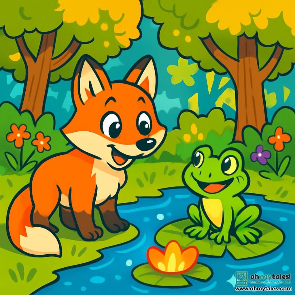 A bright orange fox with sparkling eyes stands by a shimmering pond, looking curious and joyful. Next to it, a small green magical frog with shiny eyes and a mischievous smile perches on a lily pad. In the background, a lush forest stretches with majestic trees and golden leaves, while colorful flowers dance in the breeze. The scene captures the moment the fox discovers the glowing lily pad, ready to listen to the frog's offer of a magical wish.