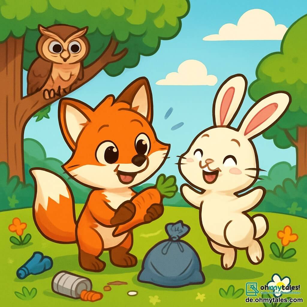 Ein kleiner, leuchtend rot gefärbter Fuchs mit großen, strahlenden Augen und einem fröhlichen Lächeln steht im Zentrum einer grünen Wiese und hält eine Karotte in seinen Vorderpfoten. Neben ihm hüpft ein niedlicher Hase mit langen, seidenen Ohren, weißem Fell und rosigen Wangen vor Freude, seine Augen funkeln vor Dankbarkeit. Im Hintergrund beobachtet eine alte Eule mit braunem Gefieder und weisen Augen die Szene von einem Ast aus und zeigt einen stolzen, ermutigenden Ausdruck. Der Ort ist eine sonnige Wiese, übersät mit bunten Blumen und umgeben von majestätischen Bäumen, unter einem hellblauen Himmel mit ein paar fluffigen Wolken. Die Hauptsituation zeigt den Fuchs und den Hasen, die ihren Sieg nach der Säuberung der Wiese feiern, umgeben von aufgesammeltem Müll, mit strahlenden Lächeln und einer Atmosphäre von Kameradschaft und Naturschutz.