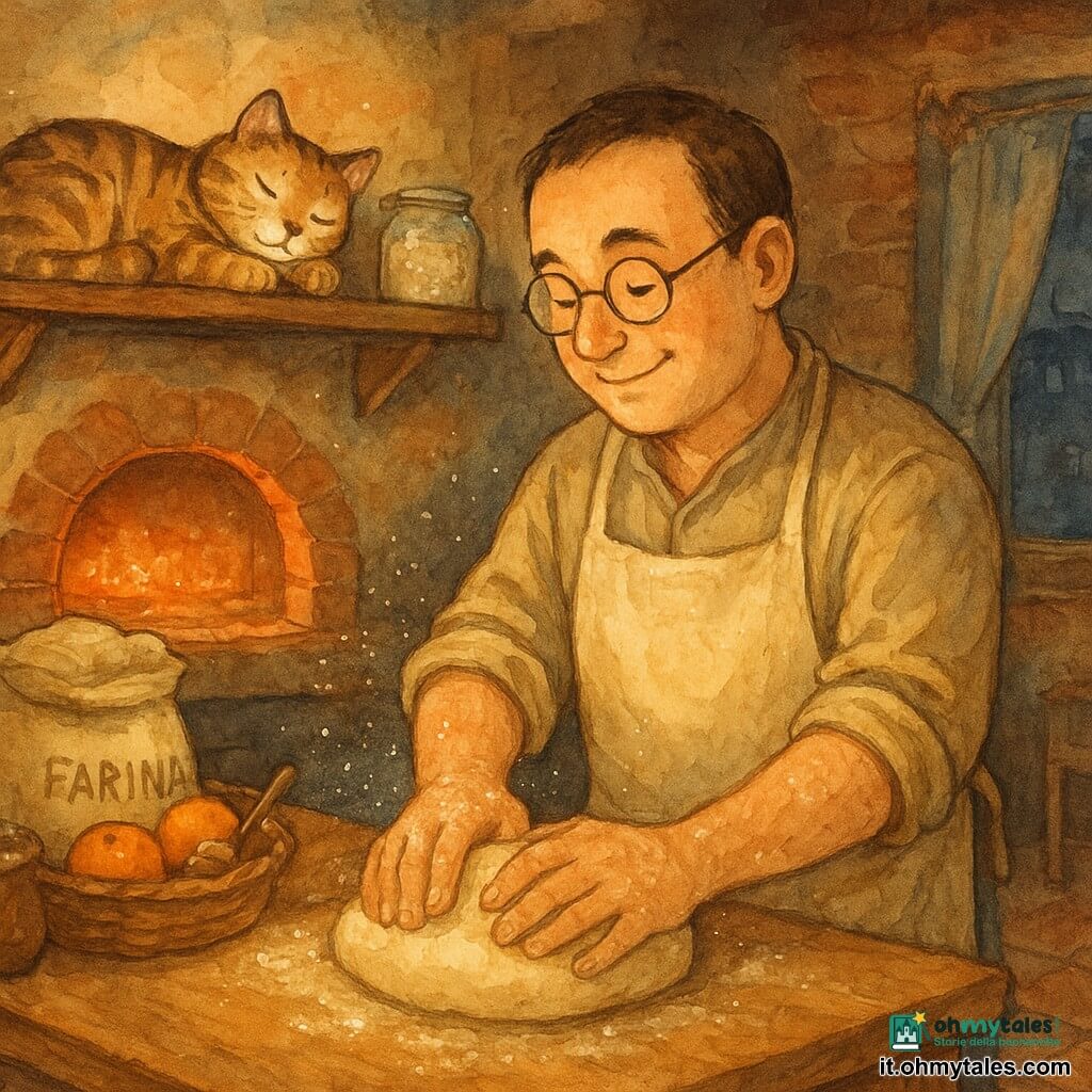 Marco, uomo adulto dal volto rotondo con occhiali sottili e occhi sorridenti, ha grandi mani pulite imbiancate di farina; indossa un grembiule di lino crema e impasta una palla di pasta su un piano di legno sotto una lampada bassa che illumina il suo profilo. Su una mensola alta è arrotolato un piccolo gatto tigrato vicino a un barattolo di lievito madre con bollicine visibili; la panetteria è intima e accogliente — bancone di legno consumato, sacchi di farina, forno in mattoni con un bagliore arancione e una finestra con tenda su una strada buia. Notte tranquilla: Marco impasta sotto una luce dorata, nuvole di farina fluttuano come polvere di stelle, il forno caldo attende sullo sfondo, scena calma e piena di promessa.