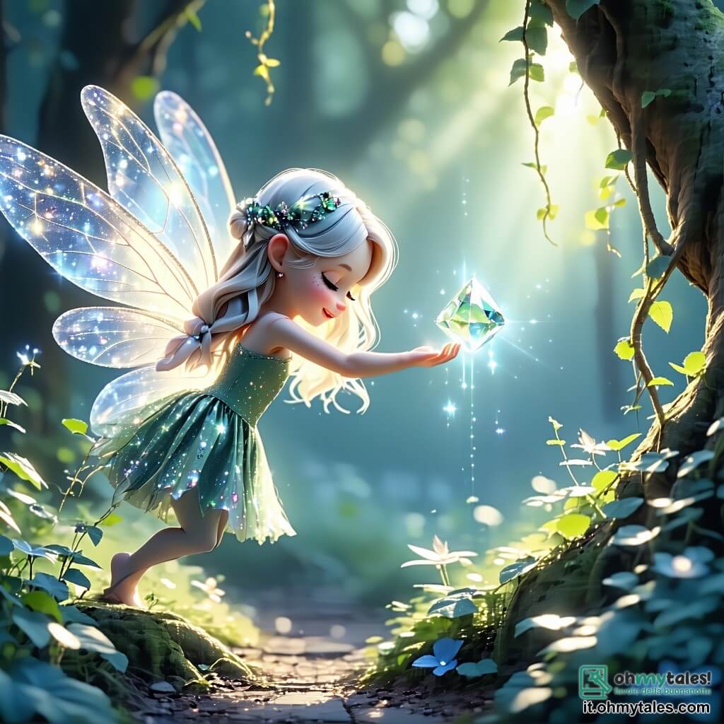 Una piccola fata di nome Luminia, con capelli argentati scintillanti e ali traslucide che brillano come stelle, vola gioiosamente sopra un giardino incantato. Il suo viso esprime eccitazione e determinazione mentre tende la mano verso una gemma luminosa che fluttua nell'aria. Accanto a lei, una ragazza di 8 anni di nome Sofia, con lunghi capelli biondi e occhi brillanti di curiosità, guarda la fata con ammirazione. Indossa un vestito colorato e si tiene sulla punta dei piedi, pronta ad aiutarla nella sua missione. Il luogo è un giardino magico, pieno di fiori dai colori vivaci che danzano al vento, alberi maestosi con tronchi scintillanti e farfalle multicolori che volano attorno a loro, creando un'atmosfera fiabesca. La scena principale mostra Luminia e Sofia unite nella loro avventura, pronte a recuperare la Gemma della Luce, circondate dalla bellezza splendente del giardino incantato, simboleggiando l'amicizia e il coraggio di fronte all'oscurità.