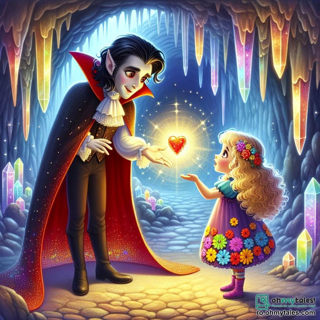 Într-o peșteră misterioasă, un vampir prietenos numit Vlad stă în centrul scenei. Are ochi blânzi și strălucitori, păr negru ca abanosul și poartă o capa roșie aprinsă care flutură în jurul lui. Expresia lui este caldă și primitoare, în timp ce întinde mâna spre o fetiță. Lângă el, Mia, o fetiță de opt ani cu păr blond și buclat, poartă o rochie colorată împodobită cu flori. Ea îl privește pe Vlad cu uimire, ochii ei strălucind de curiozitate. Ține în mână o cheie strălucitoare, simbol al aventurii sale. Peștera este iluminată de cristale strălucitoare care reflectă culori curcubeu pe pereți. Stalactite atârnă de tavan, iar o lumină blândă emană de la Inima Zânelor, un artefact magic în formă de inimă, care strălucește în fundul peșterii. Situația principală arată cum Vlad și Mia se pregătesc să descopere împreună Inima Zânelor, un moment de magie și prietenie, unde aventura și curiozitatea se întâlnesc într-o lume fantastică.