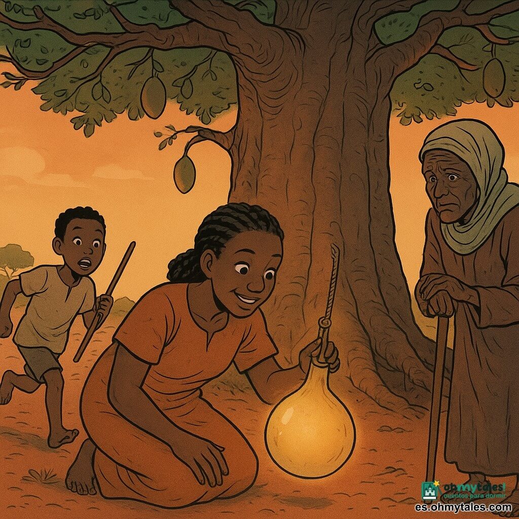 Amina, mujer de 30–40 años, sonriente y curiosa, piel morena y trenzas apretadas, está arrodillada frente a un baobab tocando delicadamente una pequeña calabaza brillante atada con cuerda; Kofi, niño de ~10 años, corre desde la izquierda con una túnica y un palo como lanza; Naya, anciana de ~70 años, apoyada en un bastón a la derecha, observa en silencio; al fondo un baobab masivo, tierra roja y chozas de barro; la calabaza crema con reflejos naranjas emite un halo en el crepúsculo, escena de misterio y maravilla, composición clara, colores cálidos y estilo de cómic.