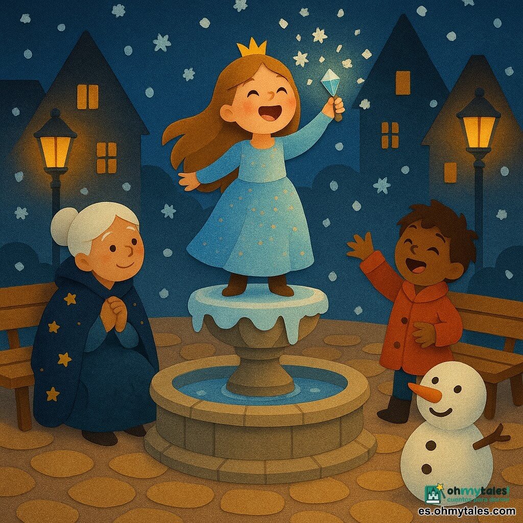 Princesa Elira, hija, rostro redondeado y dulce, cabello largo color miel, vestido azul celeste con reflejos dorados, expresión alegre y emocionada, de pie sobre la fuente cantando con sonrisa y sosteniendo una pequeña campanilla de cristal que brilla; anciana sabia, mujer, cabello blanco en moño, capa estrellada, sentada en un banco cercano a la izquierda de la fuente, mirada benévola y manos juntas escuchando; un niño de unos 7 años, pelo castaño alborotado, abrigo rojo, riendo y lanzando un copo de nieve hacia el cielo junto a un muñeco de nieve en primer plano; plaza del pueblo de noche: adoquines cálidos y redondeados, bancos de madera texturada, fuente central de piedra tallada parcialmente helada, casas de tejados puntiagudos y faroles suaves, nieve fina cayendo como papel rasgado; escena: la princesa canta bajo una lluvia de copos luminosos mientras los aldeanos reunidos la escuchan maravillados, ambiente cálido y mágico, contrastes de azul nocturno, tonos dorados y toques de rojo, texturas superpuestas de papel y recortes nítidos.