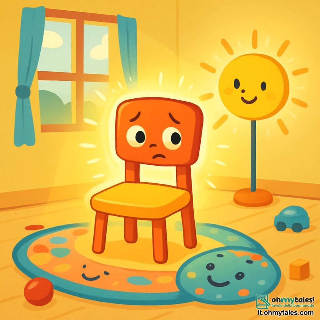 Una piccola sedia di legno, sorridente e dai colori vivaci, si trova al centro della stanza, con occhi rotondi e brillanti che mostrano una leggera preoccupazione. È circondata da un dolce alone di luce dorata che filtra attraverso una finestra. A destra, una lampada a forma di sole, con un volto gioioso e raggi luminosi, illumina la scena con un'espressione rassicurante. A sinistra, un tappeto morbido dai motivi colorati, con un sorriso amichevole, sembra confortare la sedia. La stanza è accogliente, con pareti dipinte di giallo pastello, un pavimento in legno chiaro e giocattoli sparsi. La sedia, un po' tremante, ascolta i rumori misteriosi provenienti dall'esterno, ma si sente circondata dai suoi amici, pronta ad affrontare le sue paure.