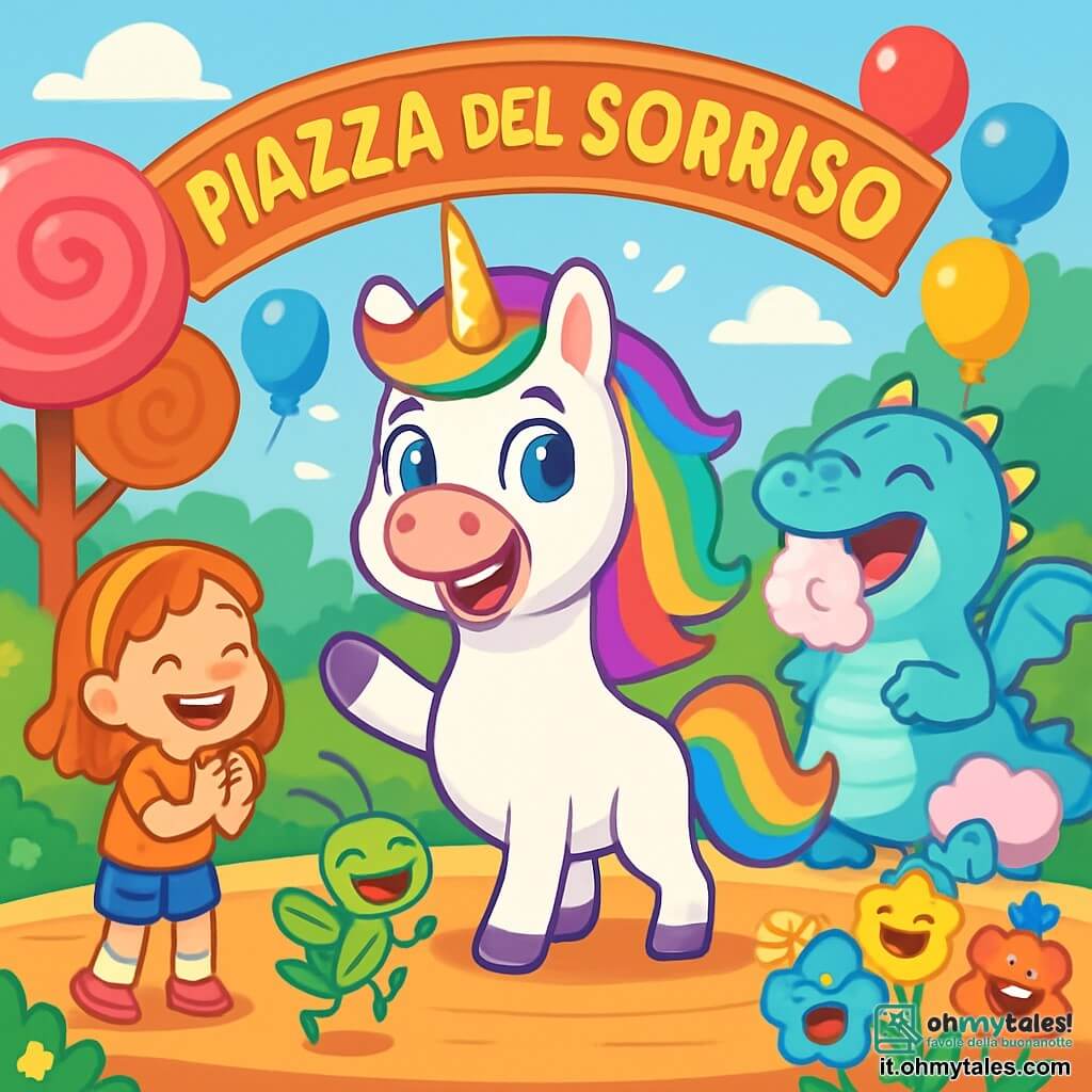 Un unicorno di nome Arco, con una criniera arcobaleno brillante e un corno scintillante, si trova gioiosamente al centro della scena. I suoi grandi occhi brillanti esprimono eccitazione e gioia, mentre sorride ampiamente, pronta a raccontare le sue barzellette. Accanto a lei, un piccolo grillo parlante, con un corpo verde vivo e antenne delicate, salta con entusiasmo, ridendo delle proprie battute. Un drago gentilmente paffuto, con scaglie blu pastello e ali a forma di nuvola di zucchero filato, si trova un po' indietro, ridendo a crepapelle mentre sputa nuvole di zucchero filato. La scena si svolge nella magnifica Piazza del Sorriso, un luogo colorato pieno di fiori cantanti, palloncini fluttuanti e creature gioiose. Gli alberi di caramelle circondano la piazza, aggiungendo un tocco di magia all'atmosfera. Arco, circondata dai suoi amici, è pronta a salire sul palco per condividere le sue barzellette con il pubblico entusiasta, mentre risate e applausi risuonano attorno a loro.