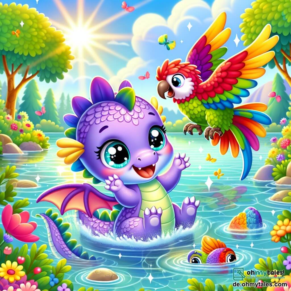 Ein kleiner, verschwommener und bunter Drache namens Lila, mit lila Schuppen und neugierigen, funkelnden Augen, schwimmt fröhlich in einem glitzernden See, mit einem großen Lächeln im Gesicht. Neben ihr fliegt ein Papagei mit leuchtend roten, grünen und blauen Federn, der verspielt um sie herumflattert und seine Begeisterung für das Abenteuer ausdrückt. Die Szenerie zeigt einen wunderschönen See, umgeben von bunten Blumen und großen Bäumen mit goldenen Blättern, unter einem hellblauen Himmel, der mit bauschigen Wolken übersät ist. Die Szene zeigt Lila und den Papagei, die einen traurigen kleinen Fisch entdecken, der nahe der Wasseroberfläche steht und seinen verlorenen kostbaren Stein sucht, während Sonnenstrahlen auf den Wellen des Sees tanzen.