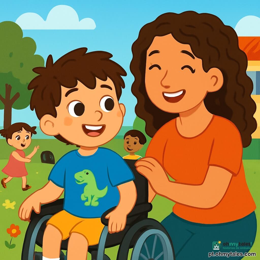 Um menino de 4 anos, Luca, sorridente com olhos brilhantes e cabelo castanho bagunçado, está sentado na sua cadeira de rodas. Ele usa uma camiseta azul com um dinossauro e um short amarelo. Ao lado dele, sua mãe, uma mulher de cerca de trinta anos com cabelo longo e encaracolado, o incentiva com um grande sorriso, enquanto coloca uma mão em seu ombro. Ao fundo, crianças de diferentes idades, incluindo uma menina de 5 anos com tranças e um vestido rosa, brincam alegremente com uma bola. A cena ocorre em um pátio escolar ensolarado, cercado por árvores verdes e flores coloridas. Risadas de crianças ecoam no ar. Luca, com um olhar determinado, se prepara para participar de um jogo de esconde-esconde, cercado por seus amigos que o convidam para brincar com eles.