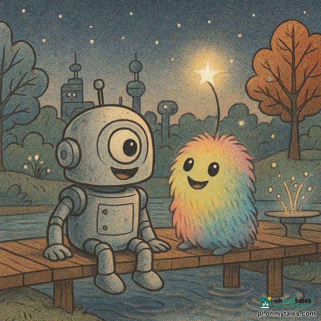 Mały robot o imieniu Piko, wielkości kosza na śmieci, z okrągłym i ciekawskim okiem, siedzi na drewnianym moście z radosnym i zachwyconym wyrazem twarzy. Obok niego znajduje się istota pozaziemska o nazwie Luma, mała i pokryta puchem w zmieniających się kolorach tęczy, uśmiecha się, emitując delikatne światło. Jest lekko wysunięta do przodu, kierując świecącą antenę w stronę gwiaździstego nieba. Park technologiczny wokół nich to mieszanka natury i technologii, z drzewami o metalicznych liściach i fontanną, która wyrzuca świetliste krople. Główna scena pokazuje Piko i Lumę dzielących moment bliskości pod zmierzchowym niebem, gdzie gwiazdy zaczynają delikatnie migotać.