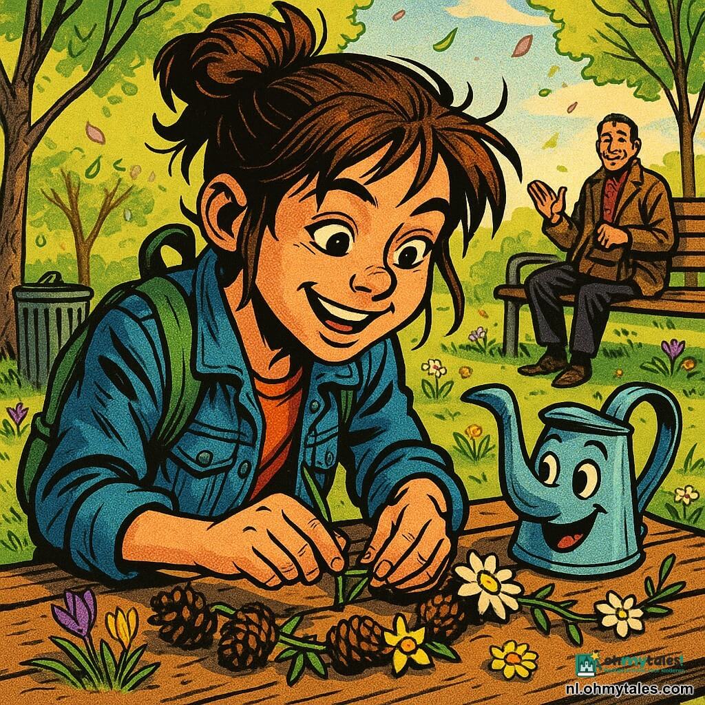 Noor, een 10–12 jarig meisje met kastanjebruin haar in een rommelige knot, draagt een spijkerjack en een groen rugzakje; ze glimlacht geconcentreerd terwijl ze op een houten tafel een lentekrans maakt van dennenappels, een stokje en grassprietjes. Pip, een lichtblauw metalen gietertje met twee getekende ogen en een expressieve tuit, staat vrolijk schuin naast haar alsof hij toekijkt. Op de achtergrond zit rechts op een bank een man van middelbare leeftijd in een bruine jas die glimlacht en knikt; het park is bezaaid met paarse krokussen, gele narcissen en witte madeliefjes, heldergroene grassprietjes en takjes, een kleine metalen prullenbak en een verkreukeld chipzakje dat duidelijk is weggeveegd. Het is laat in de ochtend met zacht gouden licht, jonge bladeren werpen vlekkerige schaduwen en er dwarrelen enkele bloemblaadjes; de sfeer is optimistisch en lenteachtig, grafische, heldere en kindvriendelijke compositie met verzadigde kleuren en scherpe contouren, close-up op Noor en Pip in het midden.