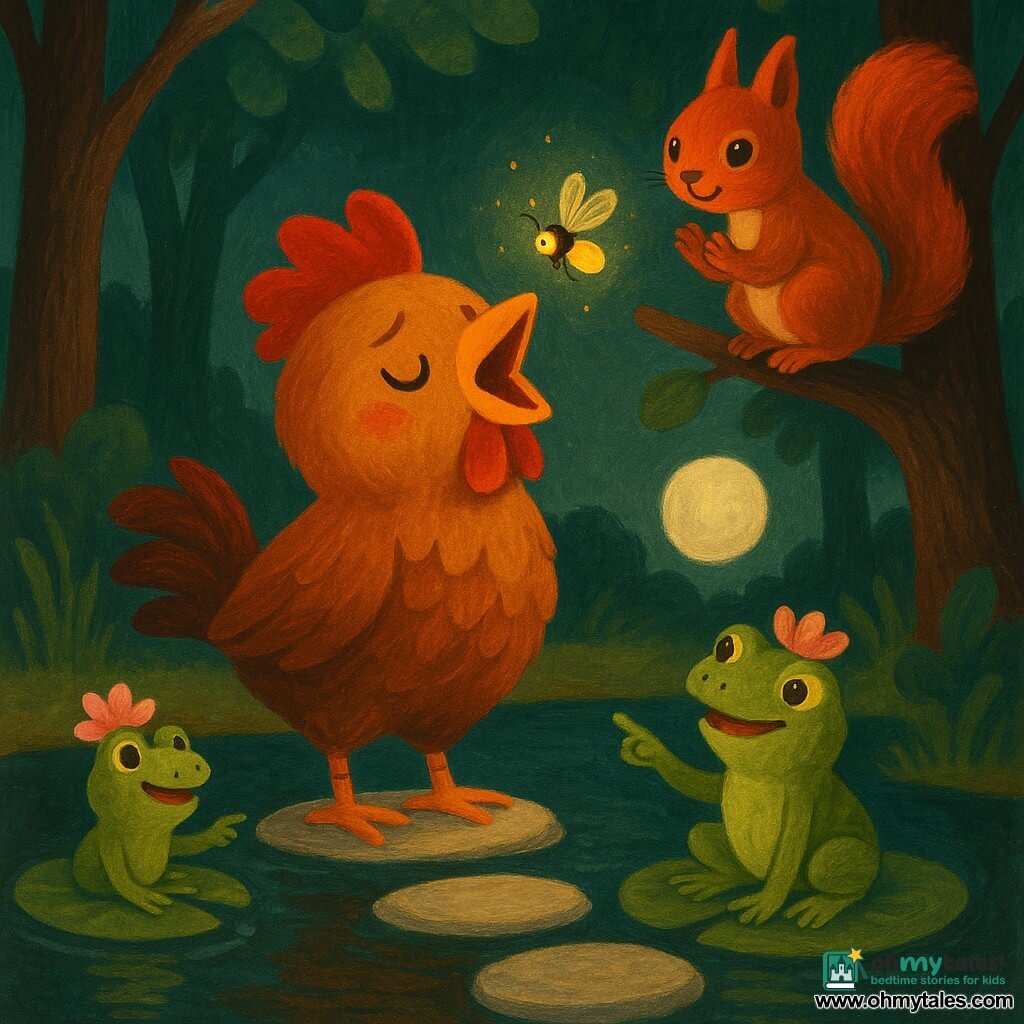 A young, round rooster with an orange beak and bright red comb, coppery glossy feathers, timid but determined, opens his beak to practice singing on flat stones by a pond; nearby, Pip the small green frog with smooth skin and a petal hat sits on a lily pad smiling and pointing at the stones, Saffy the red squirrel with bright eyes and a bushy tail perches on a low branch applauding softly, and Glimmer the firefly hovers emitting a pale yellow, star-like light; the scene is a soft woodland at dusk—dark brown trunks, deep green leaves, a mirror-like pond reflecting a silvery moon and flat stones forming a glowing path—where the rooster makes gentle sounds on each stone amid encouraging friends, warm reassuring atmosphere, soft colors and warm contrasts (oranges, greens, browns) with visible acrylic paint textures.