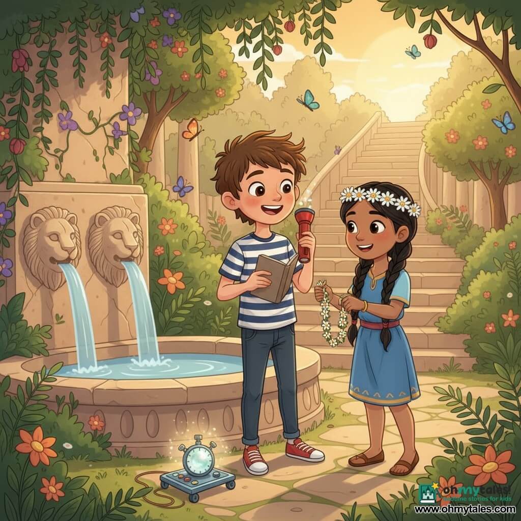 An 8‑year‑old boy, amazed and curious, with messy brown hair and bright wide eyes, wearing a striped T‑shirt and holding an open notebook in one hand and a red flashlight in the other, smiles as he looks around; an 8‑year‑old girl (Layla), joyful and welcoming, with braided black hair, wearing a blue tunic and a daisy crown, stands slightly to his right near a fountain and offers him a small flower chain; a small makeshift time‑travel device of shiny metal with a kitchen timer, three rubber bands and a glowing marble sits on the ground beside the boy, emitting a faint shimmering halo; the scene takes place in an ancient hanging garden of stone terraces draped in green vines and purple and orange flowers, with thin waterfalls flowing from lion‑headed basins, colorful butterflies, golden sunset light, ferns and pomegranates, creating a magical, safe moment of discovery and friendship with the children in the foreground and terraces receding in the background.