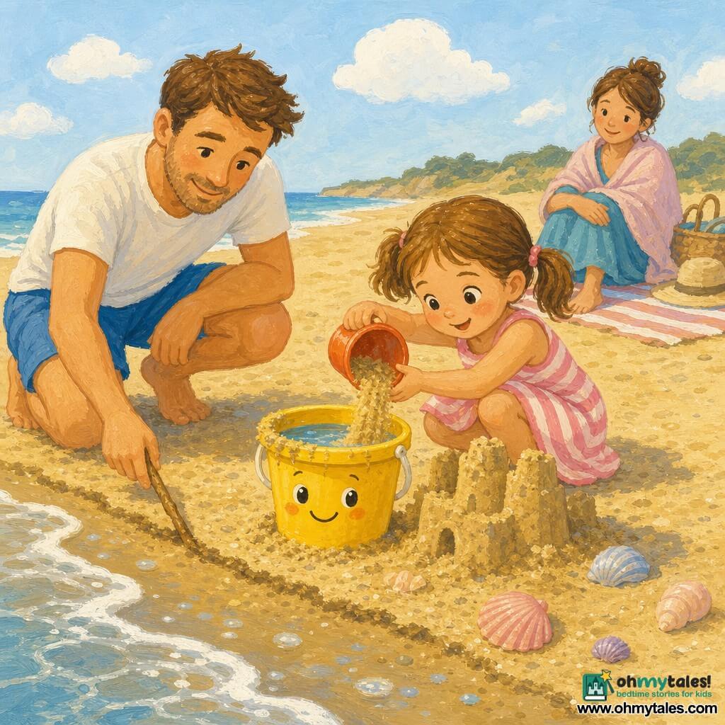 Sunny, a small smiling yellow plastic bucket with bright highlights and a bit of sand on its rim, holding imaginary water; Mia, a joyful 5-year-old with light brown hair in pigtails in a pink striped dress, crouched to the right pouring sand into Sunny to shape a sandcastle; dad in his thirties with a gentle face in blue shorts, crouched to the left drawing a tide line in the sand with a stick; mom, calm in a light shawl, seated on a striped towel in the background watching kindly; golden fine sand, small silvery foamy waves approaching, colorful shells and a darker wet tide line, pale blue sky with fluffy clouds; scene: Mia building a sandcastle as a small sparkling wave approaches, warm secure summer mood; style: gouache illustration with soft strokes, saturated pastels, visible brush textures, composition centered on the bucket and the girl, calm happy atmosphere.